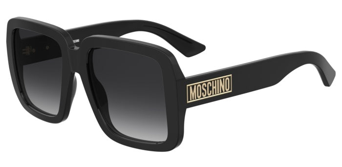 Occhiali da sole Moschino 207700 (MOS180/S) neri, mostrati su sfondo neutro, con lenti scure e montatura in acetato lucido.