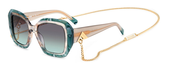 Occhiali da sole Missoni neri modello 206901 da donna, con montatura in acetato lucido e lenti scure, mostrati su sfondo neut