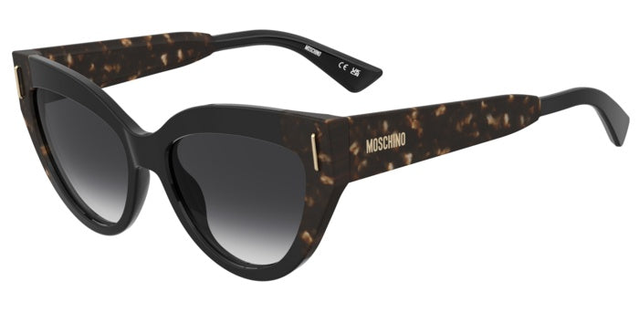 Occhiali da sole Moschino donna neri modello 208570 (MOS208/S) indossati da una modella, con montatura in acetato lucido e le