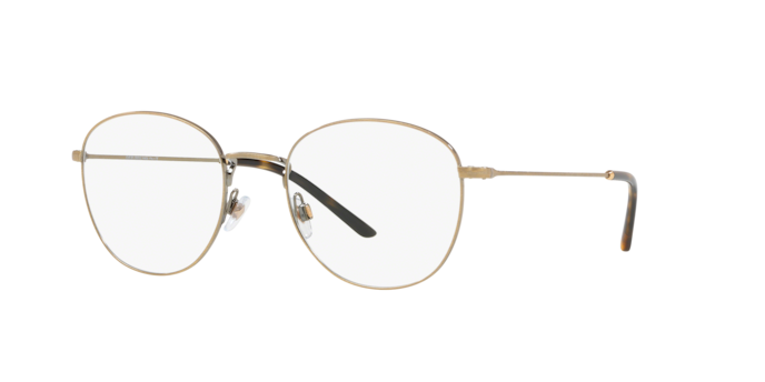 Occhiali da sole uomo Giorgio Armani AR5082 con montatura in metallo oro spazzolato e lenti scure, visti frontalmente su sfon