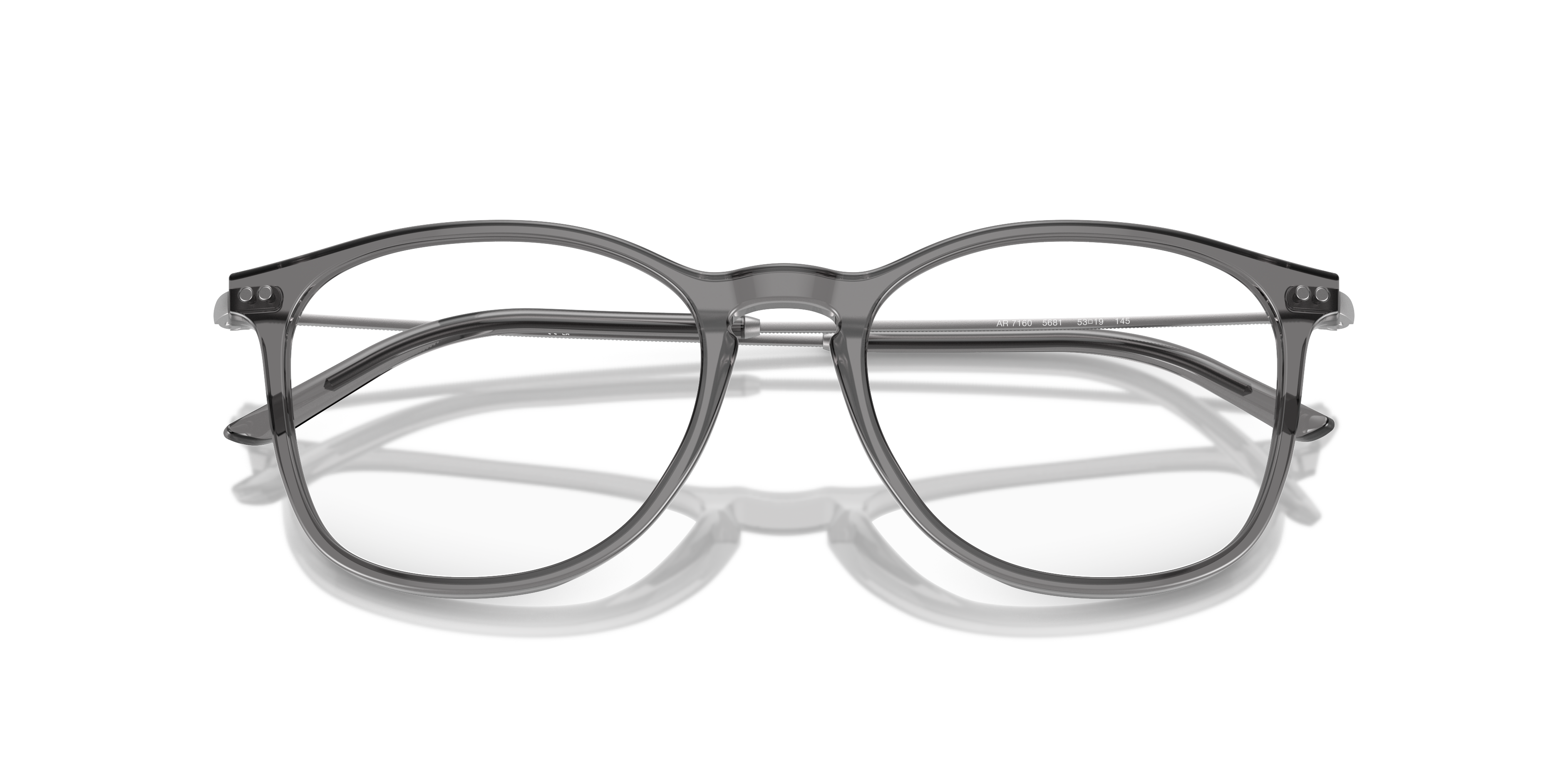 Occhiali da sole Giorgio Armani modello AR7160 per uomo, colore Grigio Opale, su sfondo chiaro