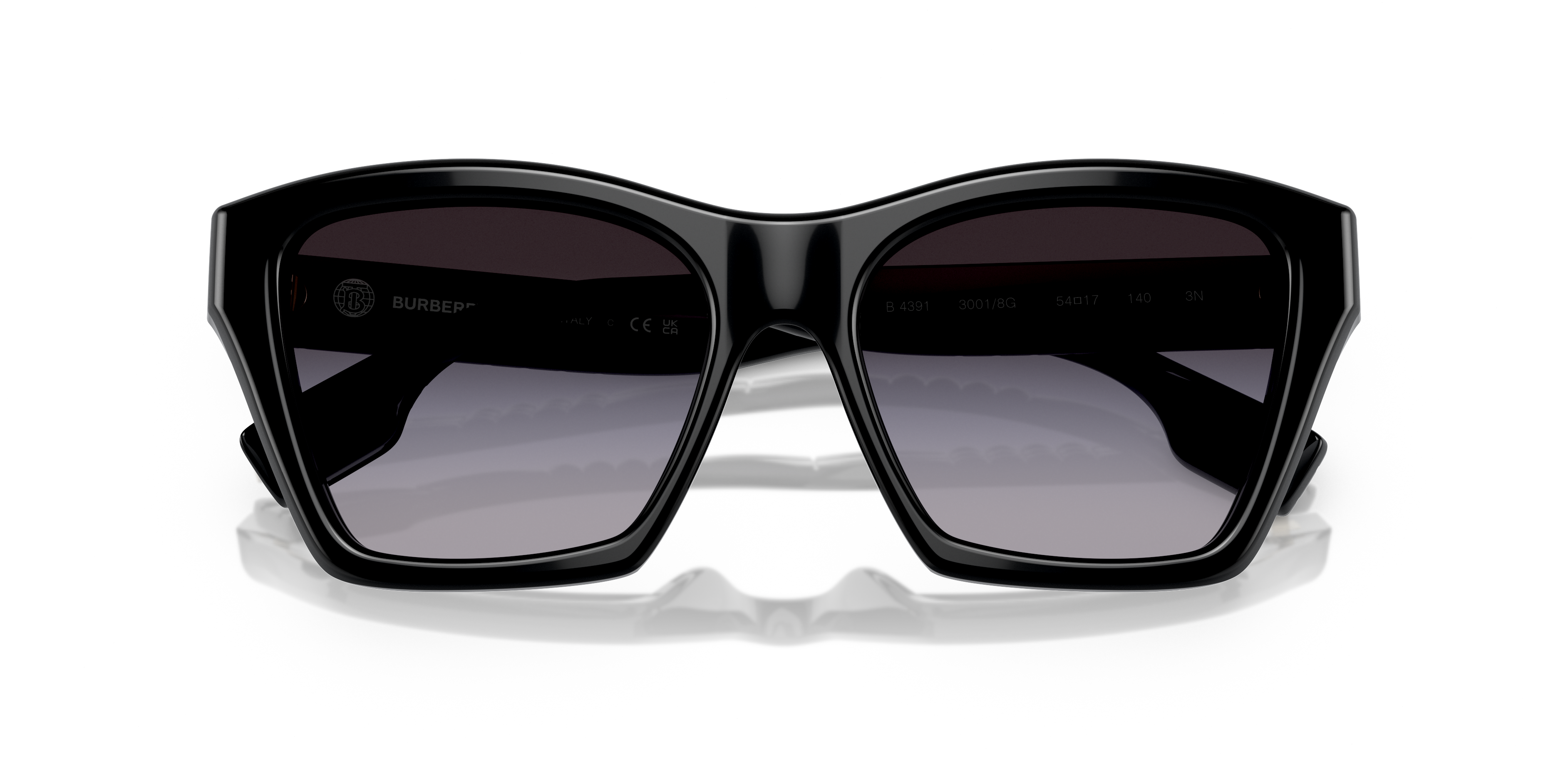 Occhiali da sole Burberry 0BE4391 ARDEN neri da donna con montatura in acetato lucido e lenti scure, mostrati frontalmente.