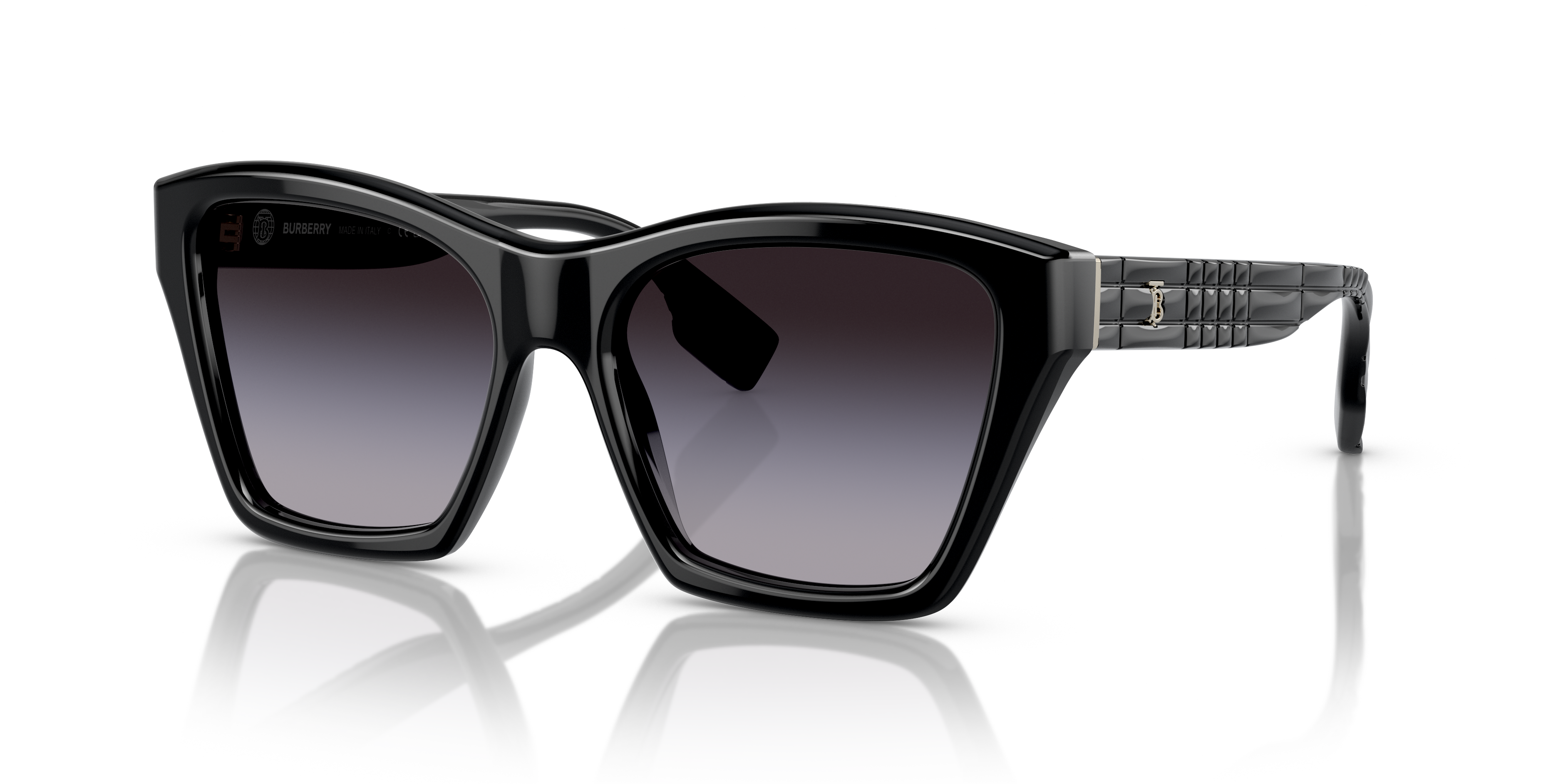 Occhiali da sole Burberry 0BE4391 ARDEN neri da donna con montatura in acetato lucido e lenti scure, mostrati frontalmente.