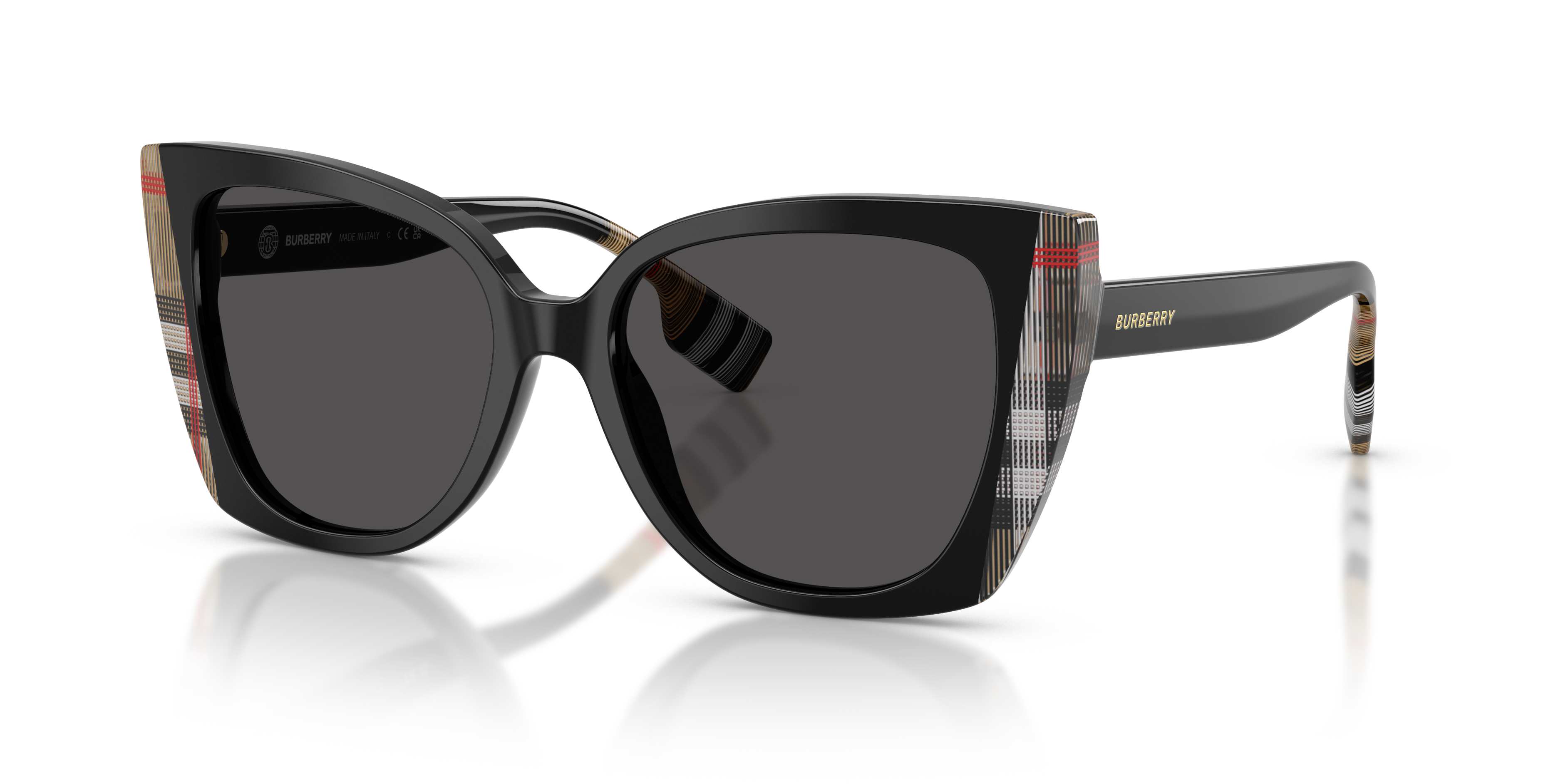 Occhiali da sole Burberry Meryl da donna neri con lenti scure e aste decorate con il classico motivo Vintage Check del brand,