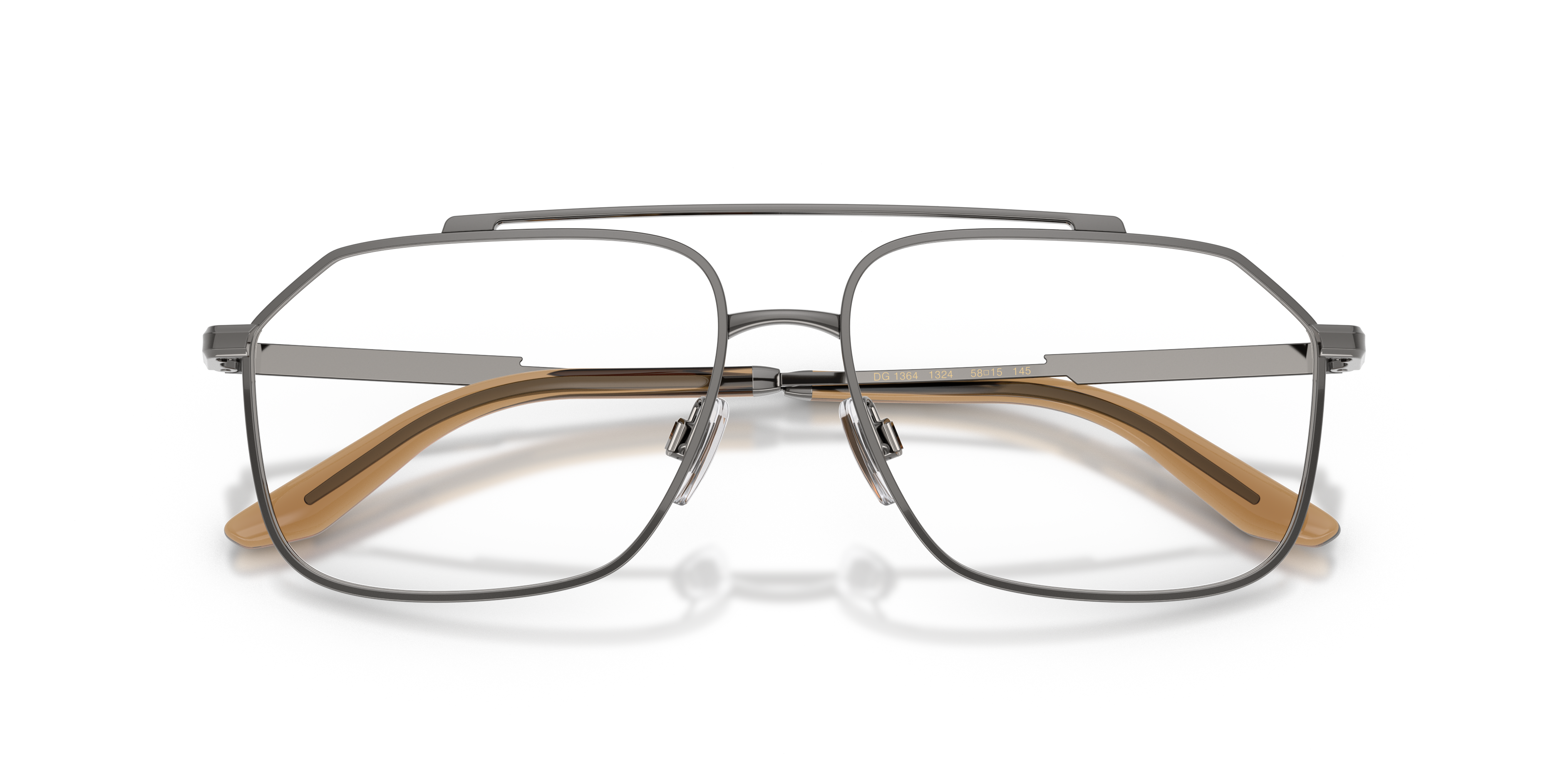 Occhiali da sole uomo Dolce&Gabbana DG1364 Gunmetal frontali, montatura in metallo e lenti scure, appoggiati su superficie ch