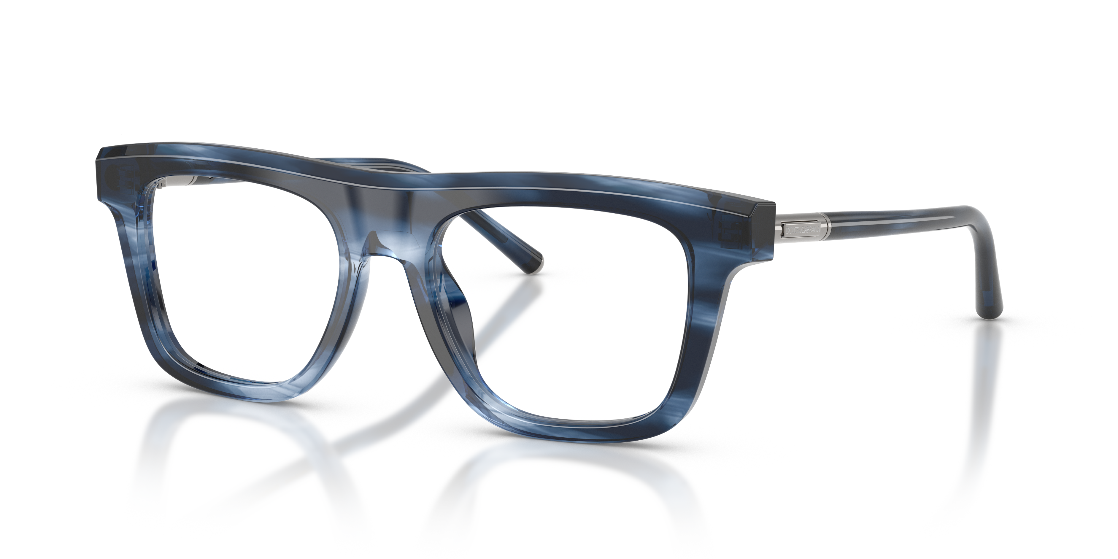 Occhiali da sole Dolce&Gabbana DG3434 da uomo con montatura blu a righe e lenti scure, mostrati su sfondo neutro.