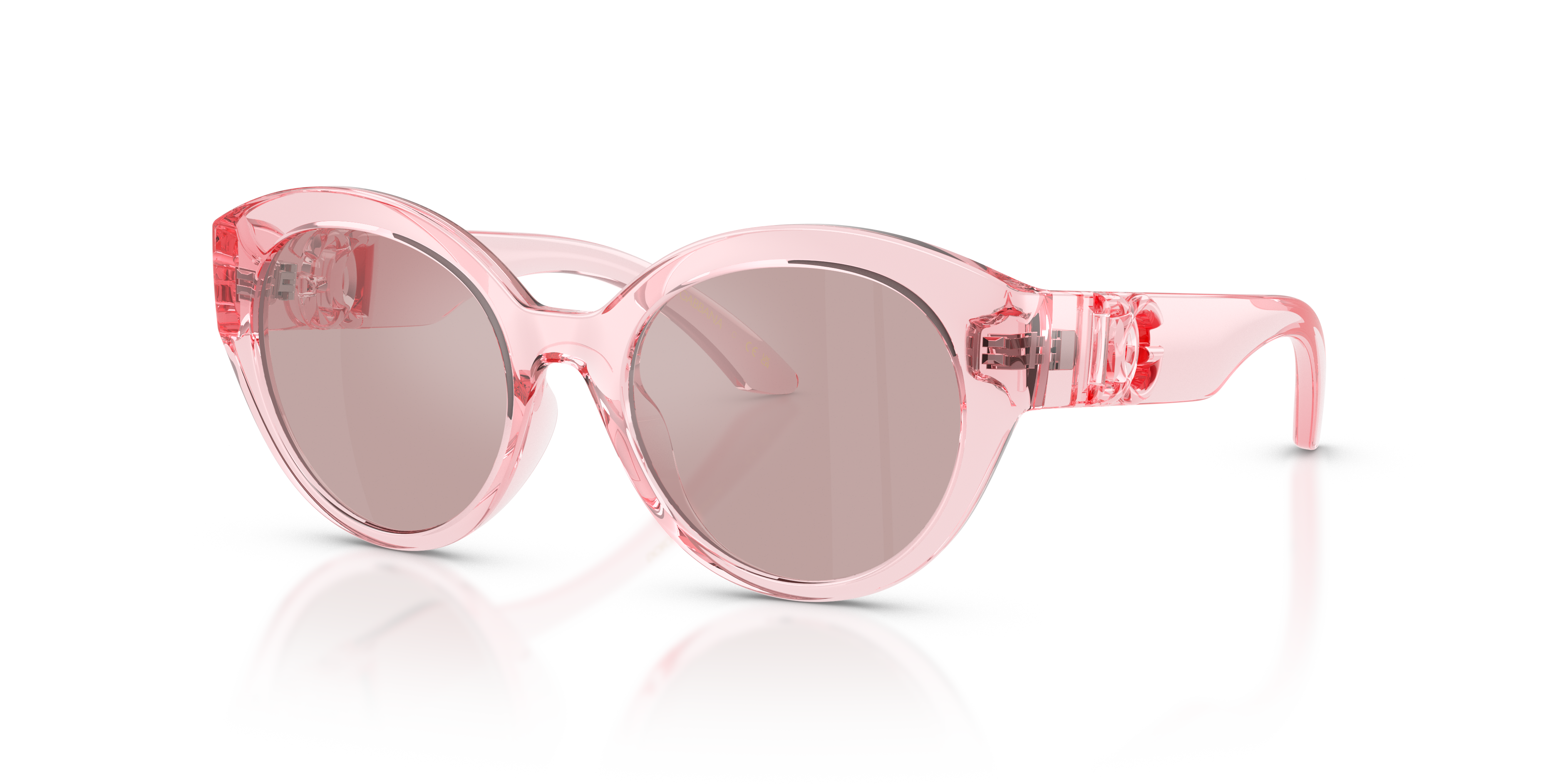 Occhiali da sole Dolce&Gabbana DX6010 rosa trasparente per donna, con lenti sfumate grigie e logo laterale dorato, visti di f