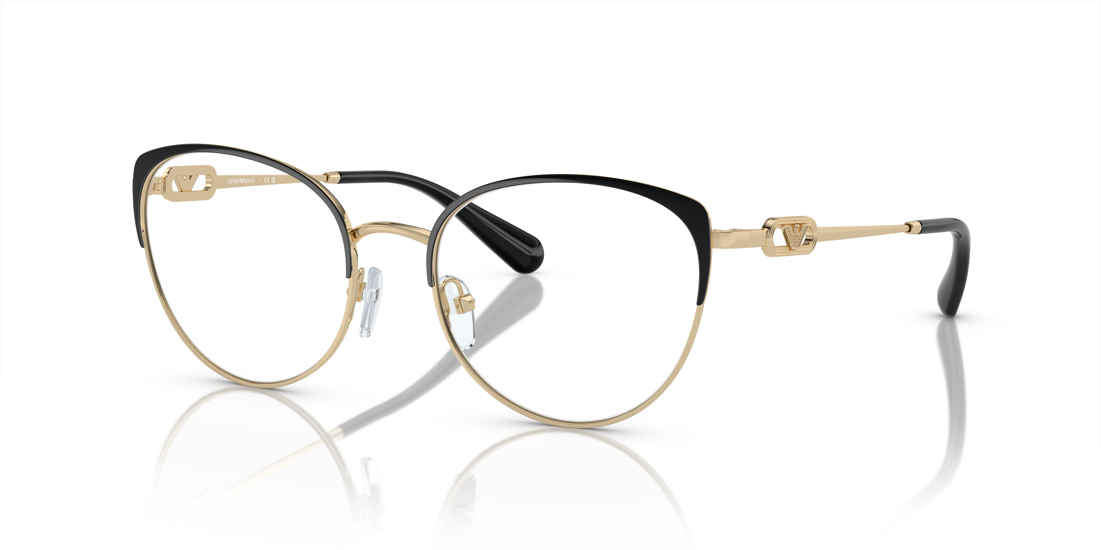 Occhiali da sole Emporio Armani 0EA1150 donna in metallo lucido oro pallido e nero, con lenti scure, visti frontalmente su sf