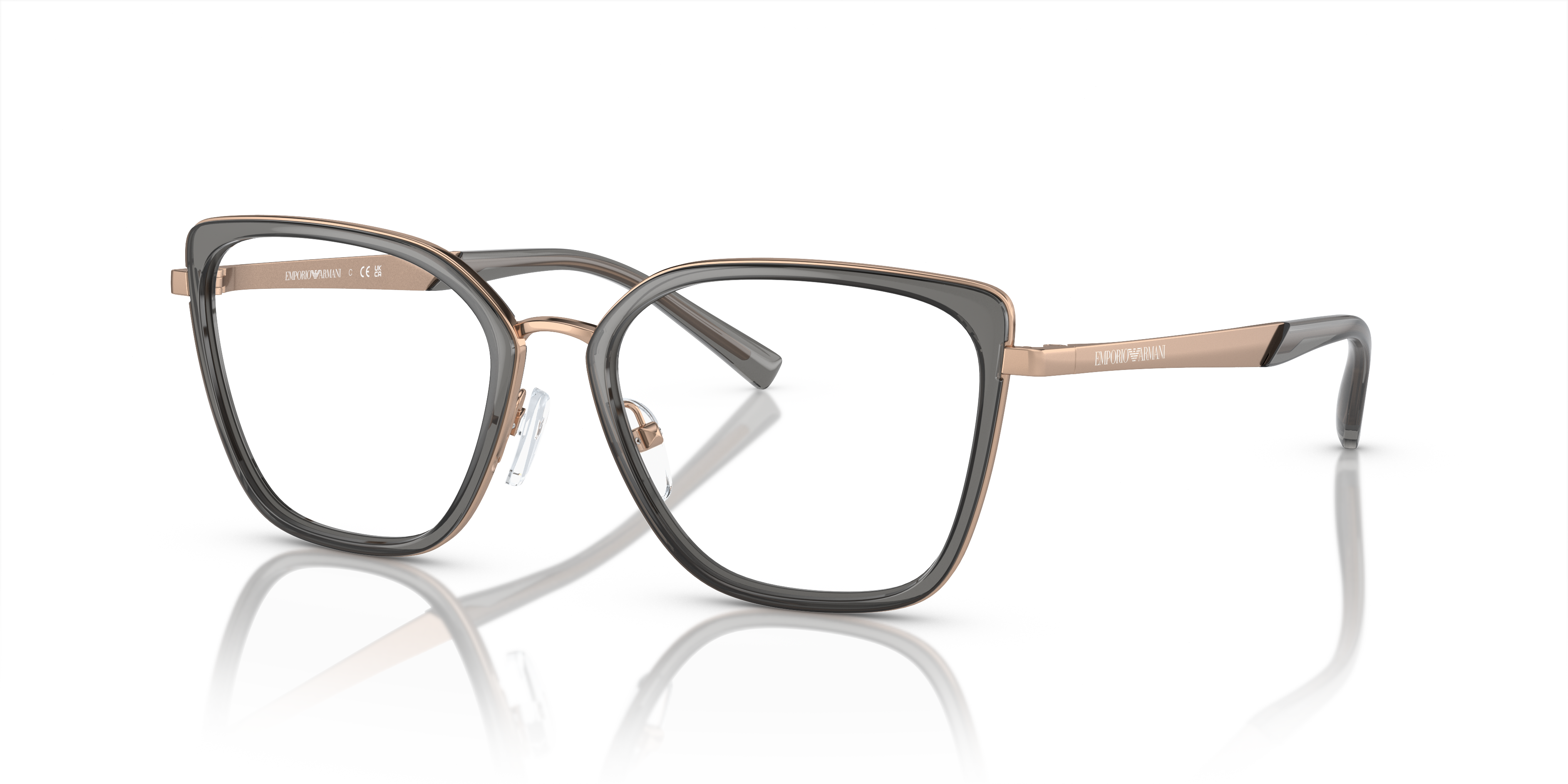 Occhiali da sole donna Emporio Armani EA1152 in metallo color oro rosa lucido, con lenti scure e logo EA sull'asta, fotografa