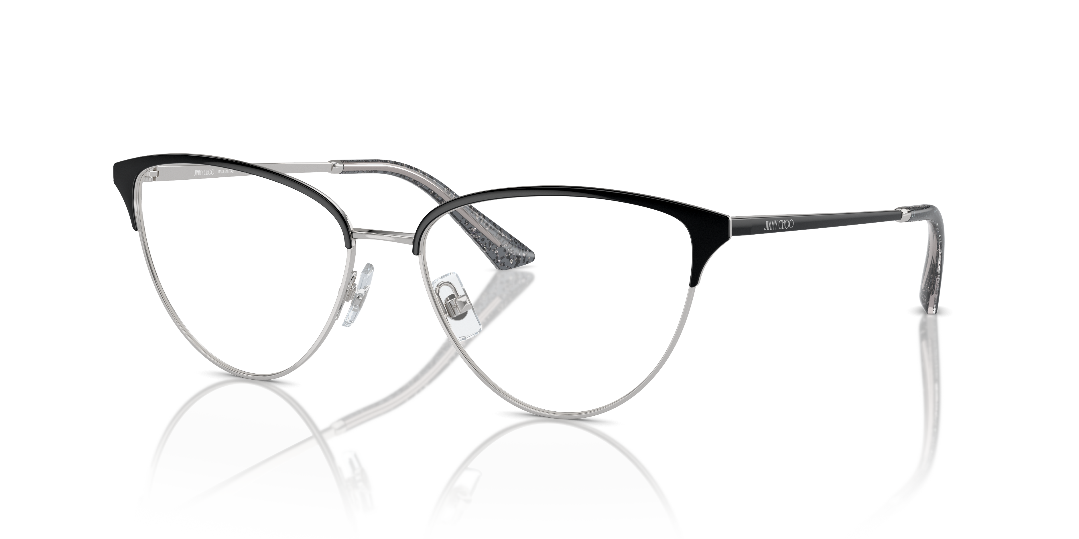 Occhiali da sole Jimmy Choo JC2002 da donna, colore argento e nero, con montatura in metallo e lenti sfumate, su sfondo bianc