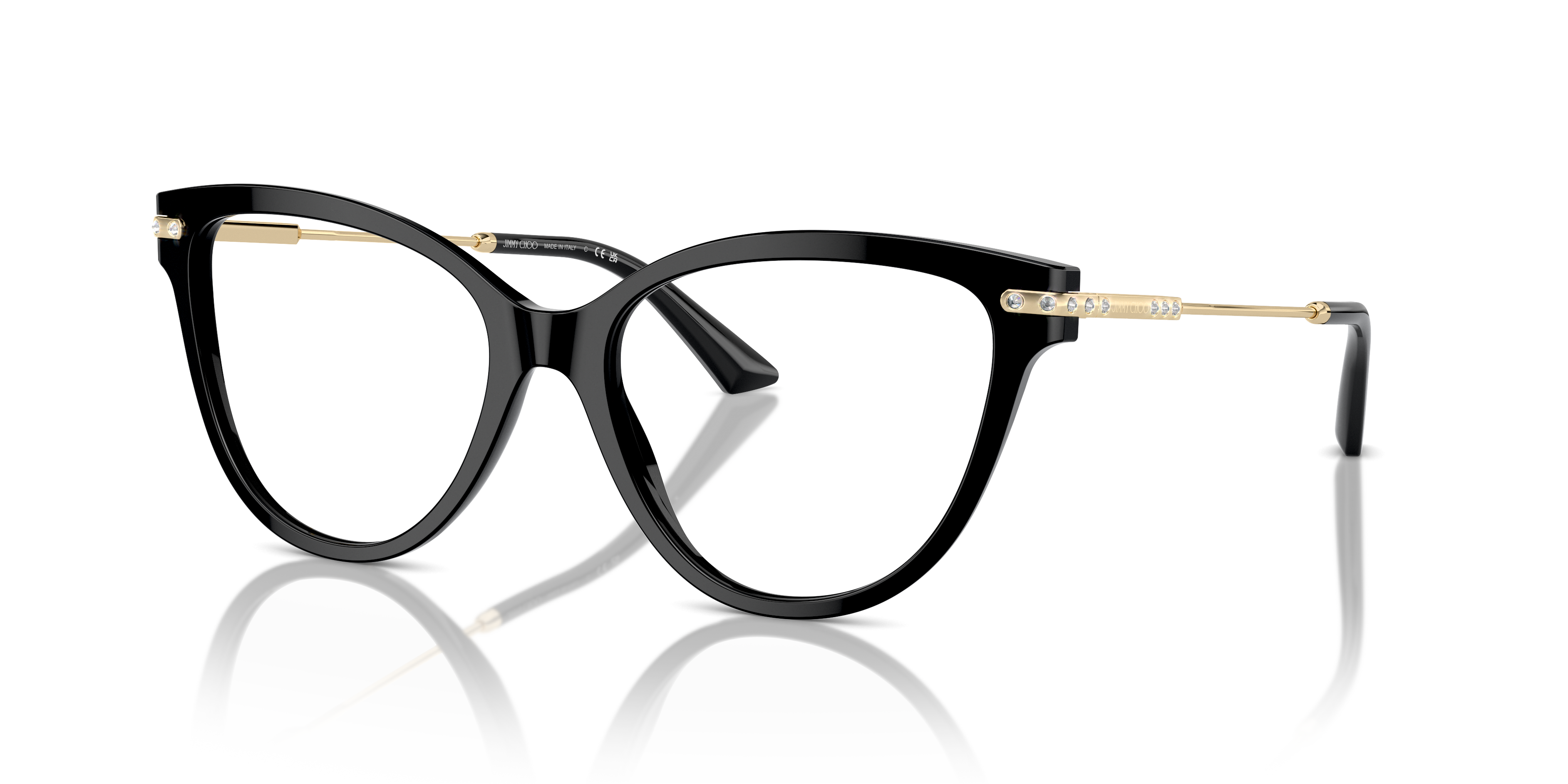 Occhiali da sole Jimmy Choo da donna, modello 0JC3001B, colore nero lucido, con lenti scure, appoggiati su una superficie chi