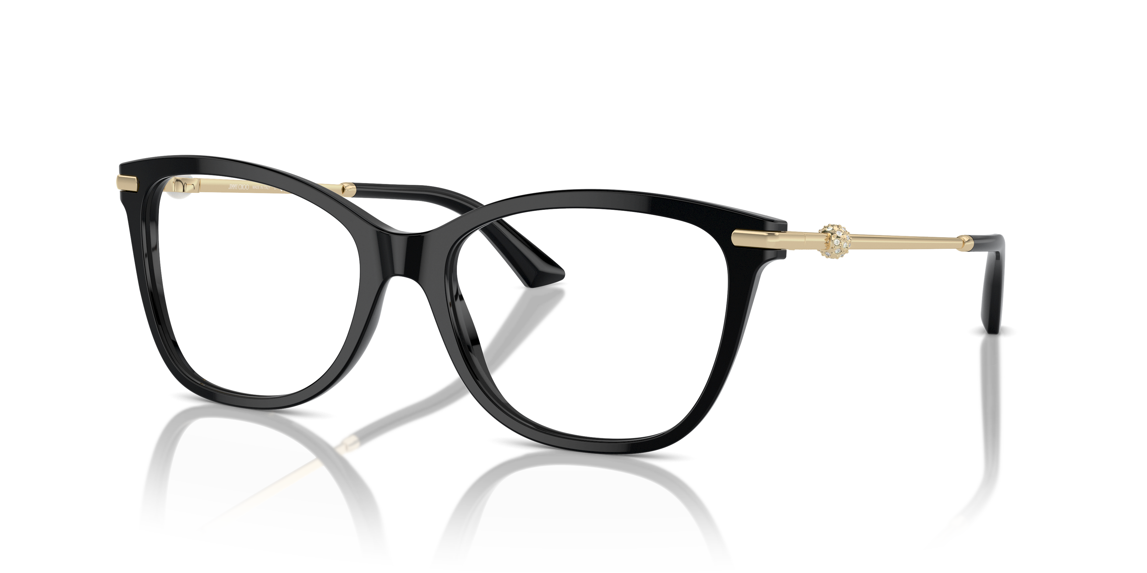 Occhiali da sole neri Jimmy Choo JC3007HB per donna, montatura squadrata lucida con lenti scure e dettagli dorati sulle aste,