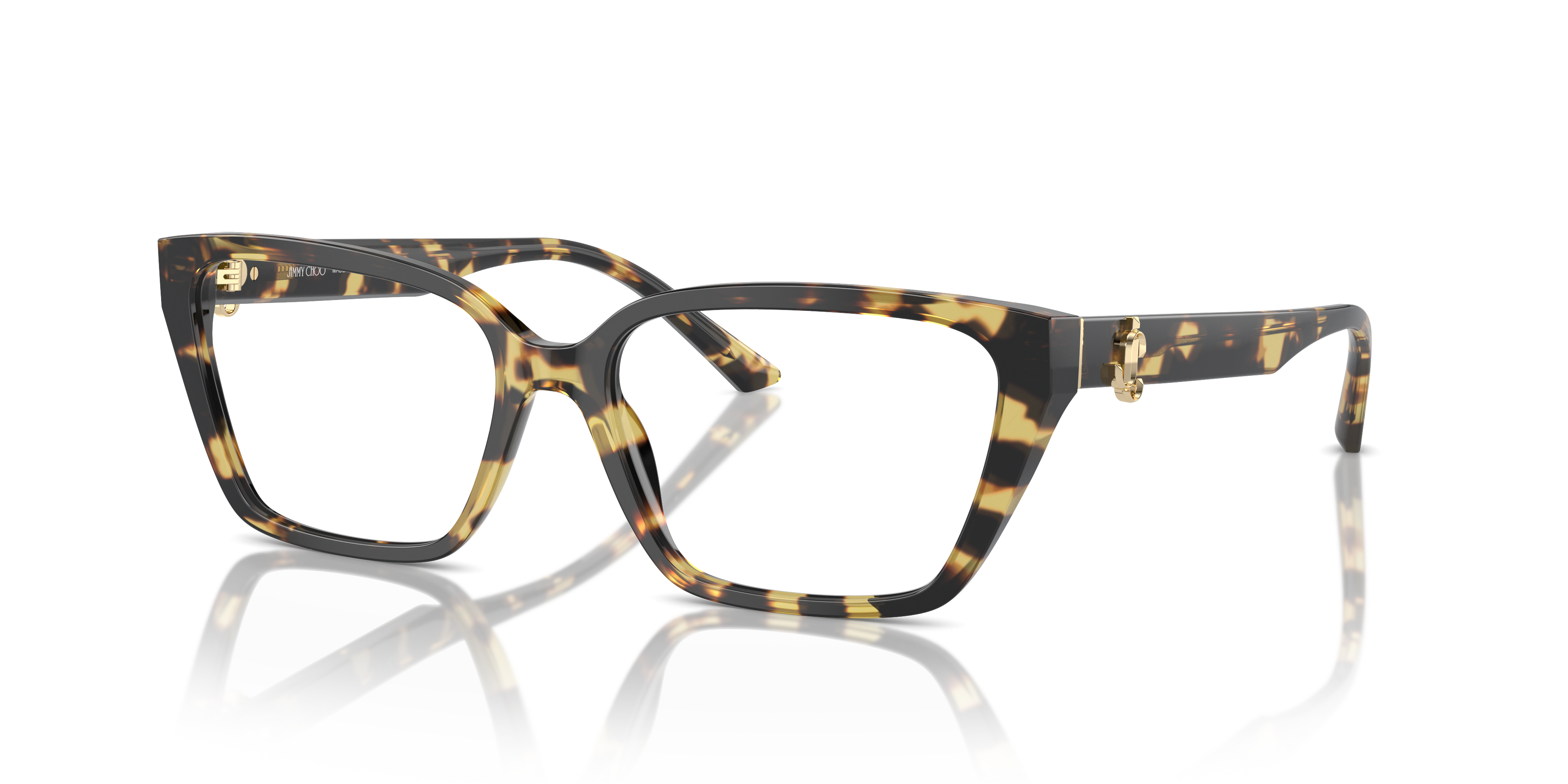 Occhiali da sole Jimmy Choo JC3008 da donna in acetato Havana Giallo, con lenti scure, posati su una superficie chiara.