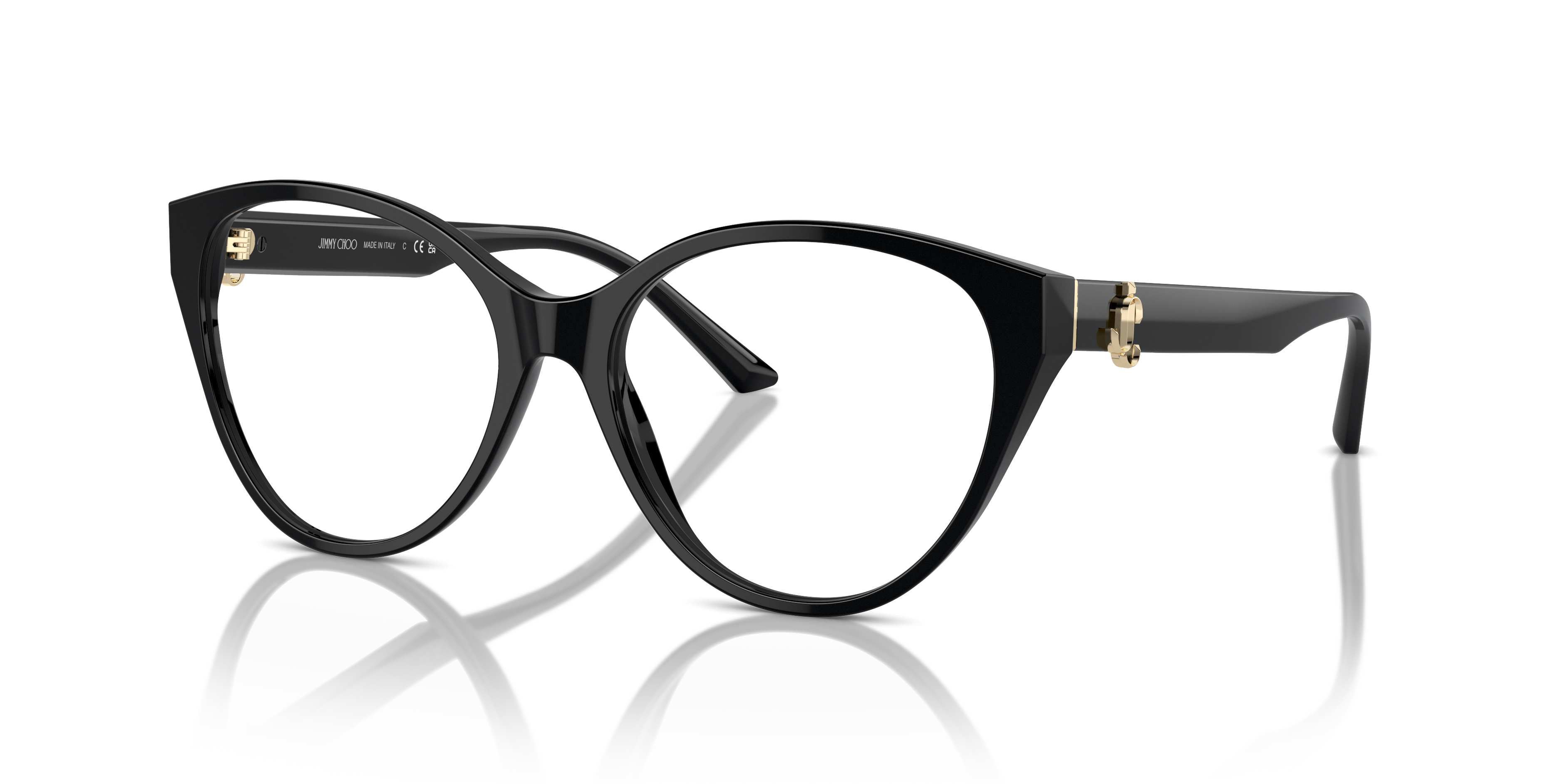 Occhiali da sole Jimmy Choo JC3009 neri da donna con montatura in acetato lucido e lenti scure, mostrati su sfondo neutro.
