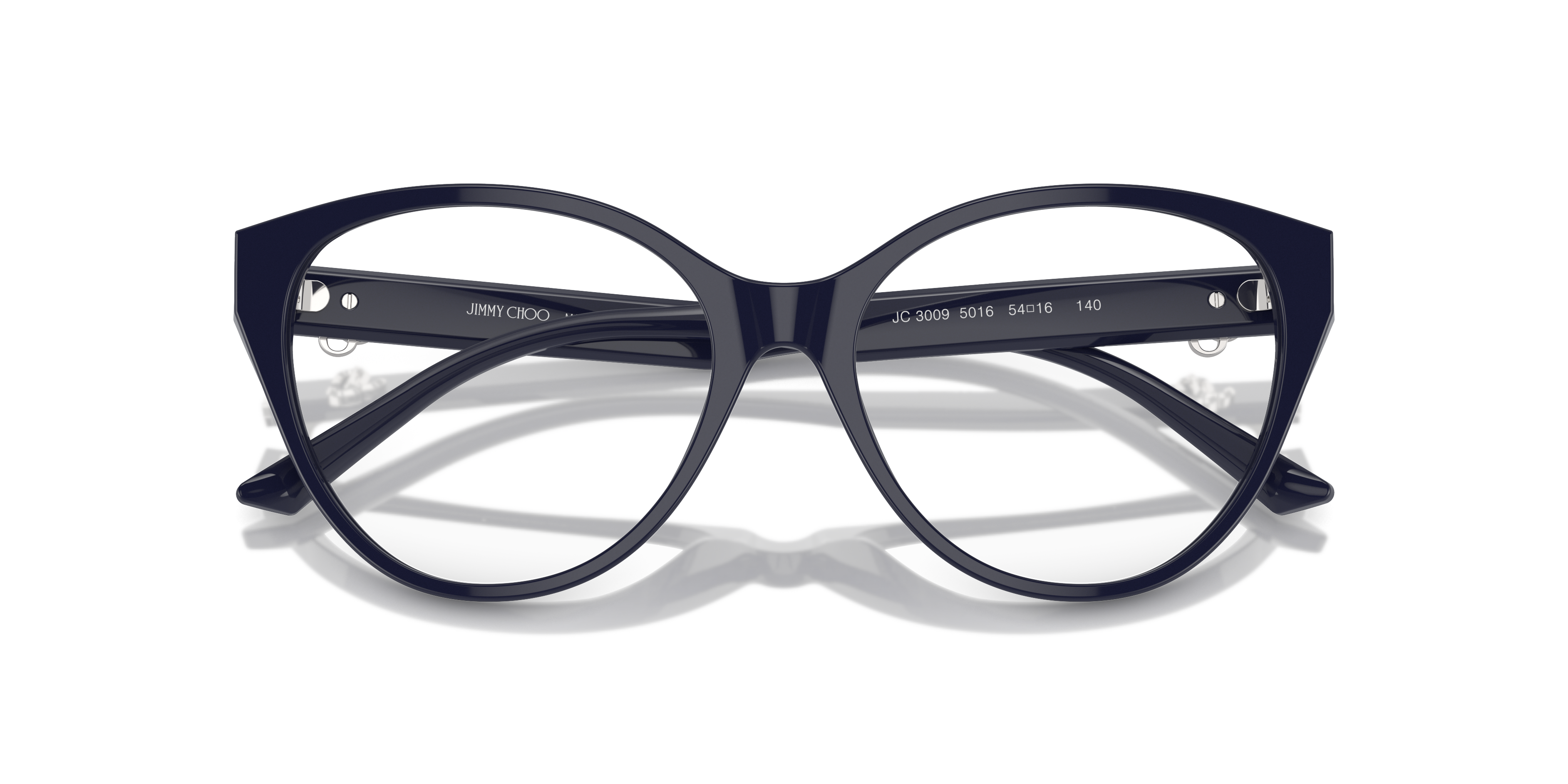 Occhiali da sole Jimmy Choo JC3009 neri da donna con montatura in acetato lucido e lenti scure, mostrati su sfondo neutro.
