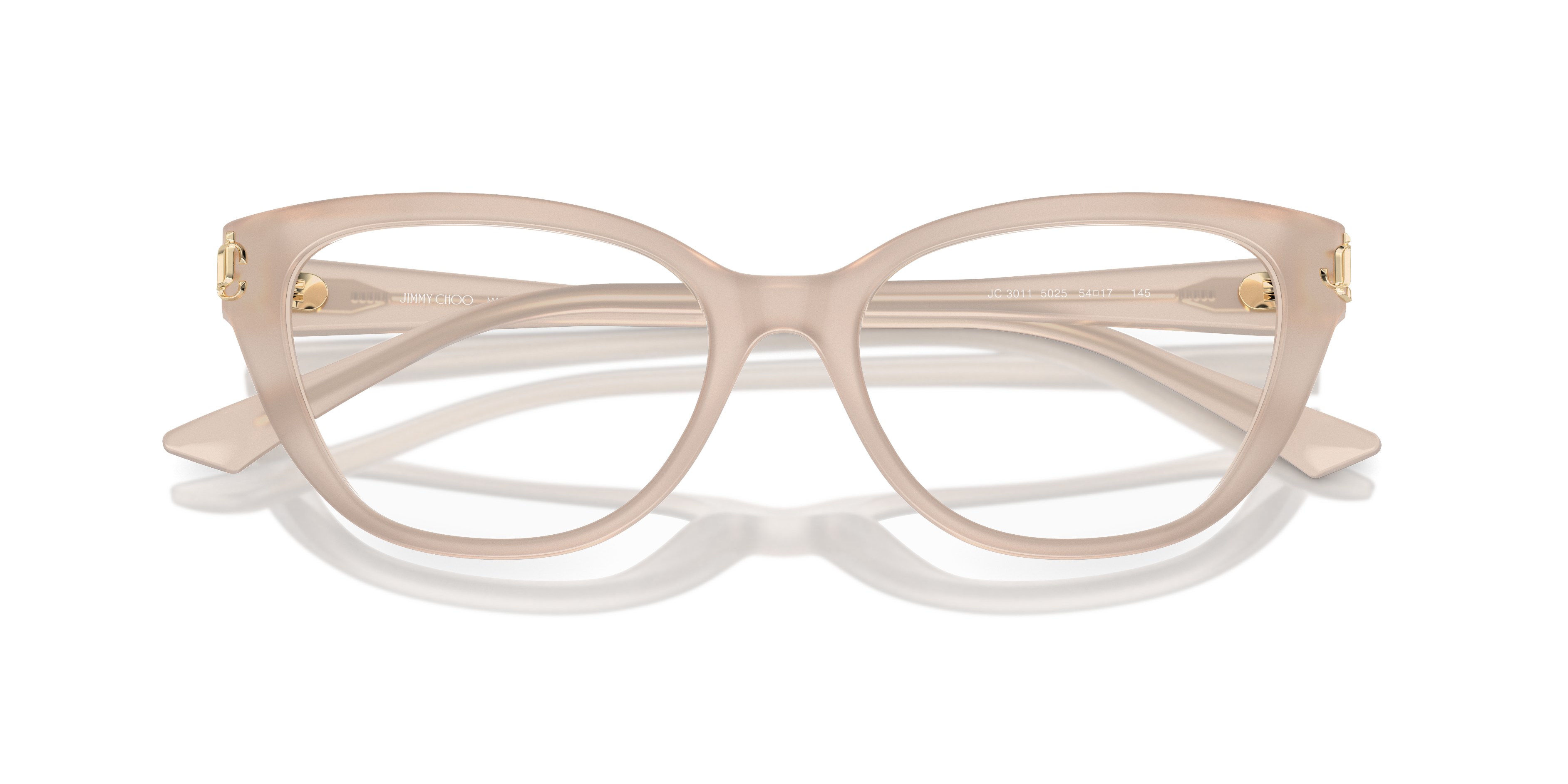 Donna sorridente che indossa occhiali da sole Jimmy Choo JC3011 Transparent Navy con montatura blu trasparente e lenti grigie