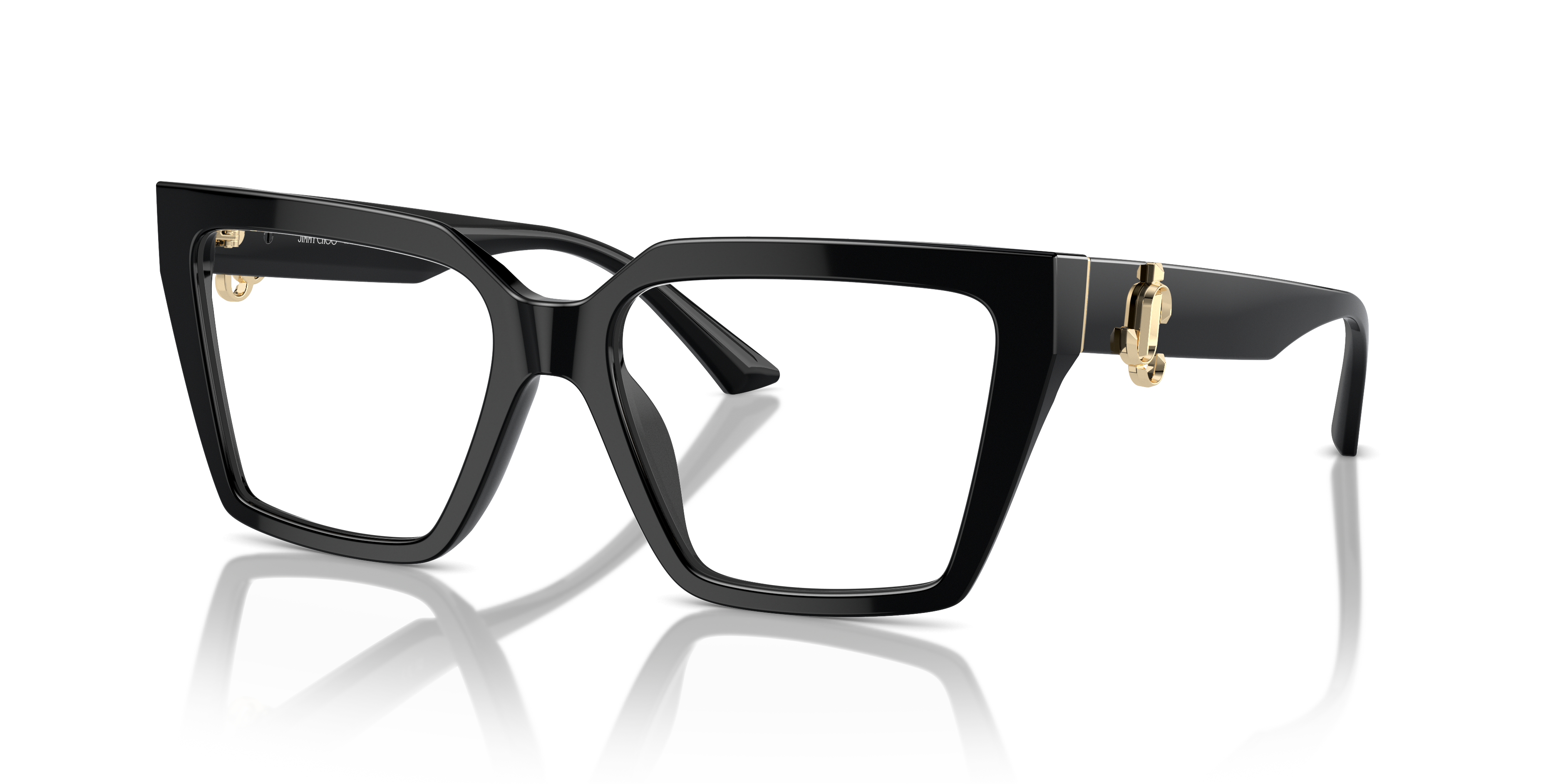 Occhiali da sole Jimmy Choo JC3017U neri da donna, visti di fronte su sfondo chiaro. Montatura quadrata in acetato lucido con
