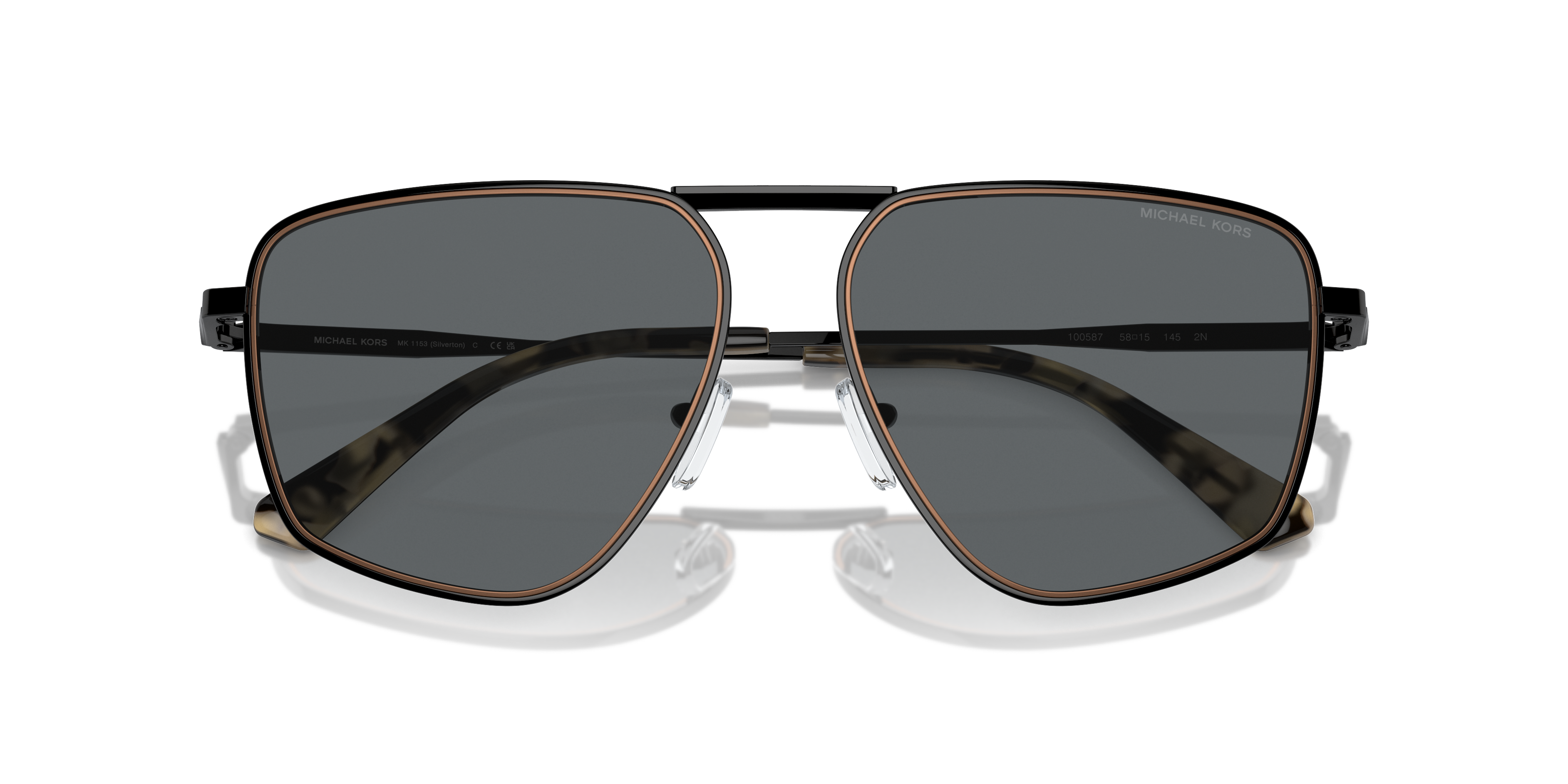 Occhiali da sole Michael Kors Silverton 0MK1153 da uomo, colore Matte Husk, visti di profilo e di fronte su sfondo chiaro, ch