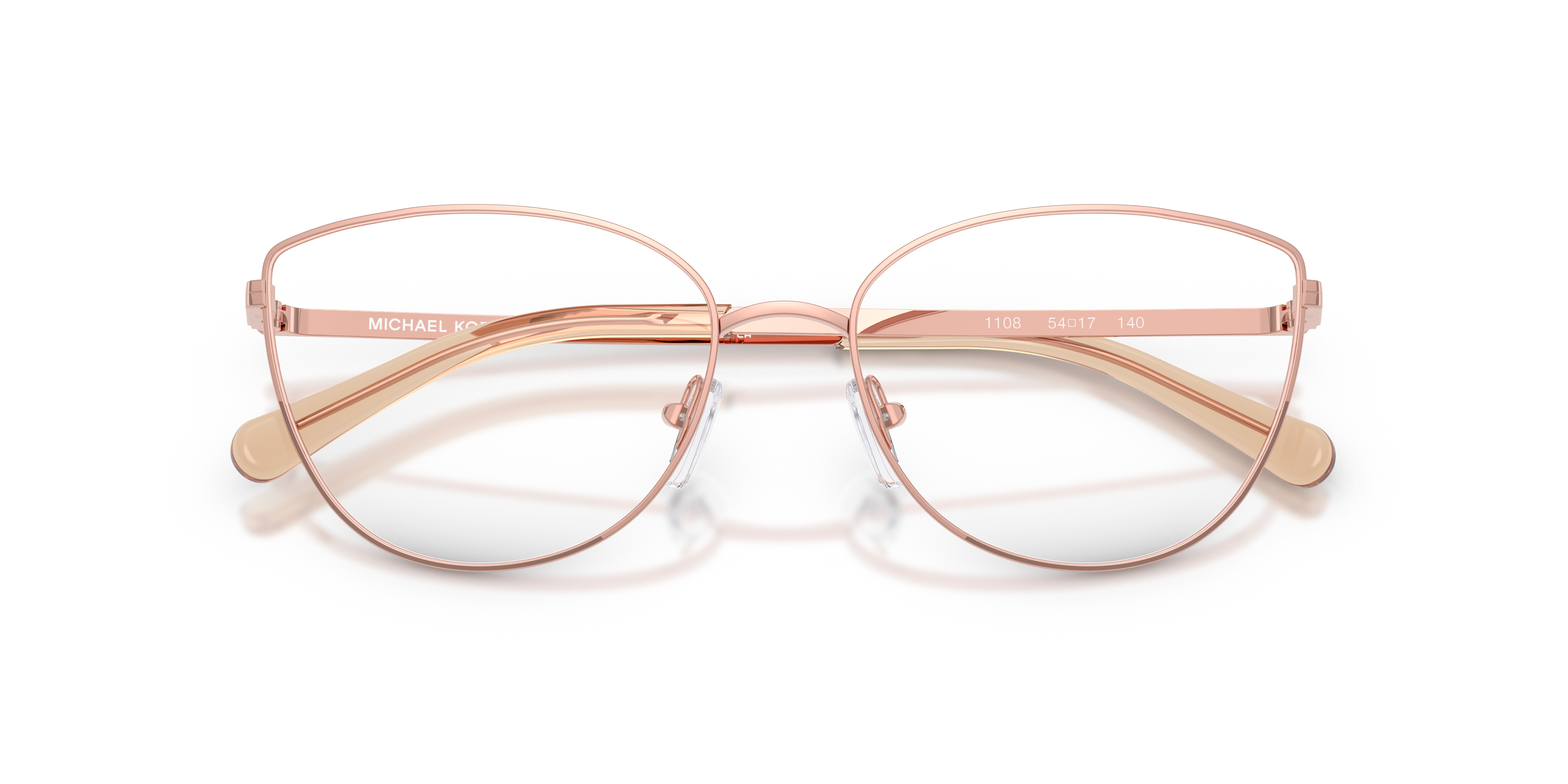 Occhiali da sole Michael Kors donna modello Buena Vista 0MK3030 Oro Rosa con lenti sfumate, posizionati su una superficie chi