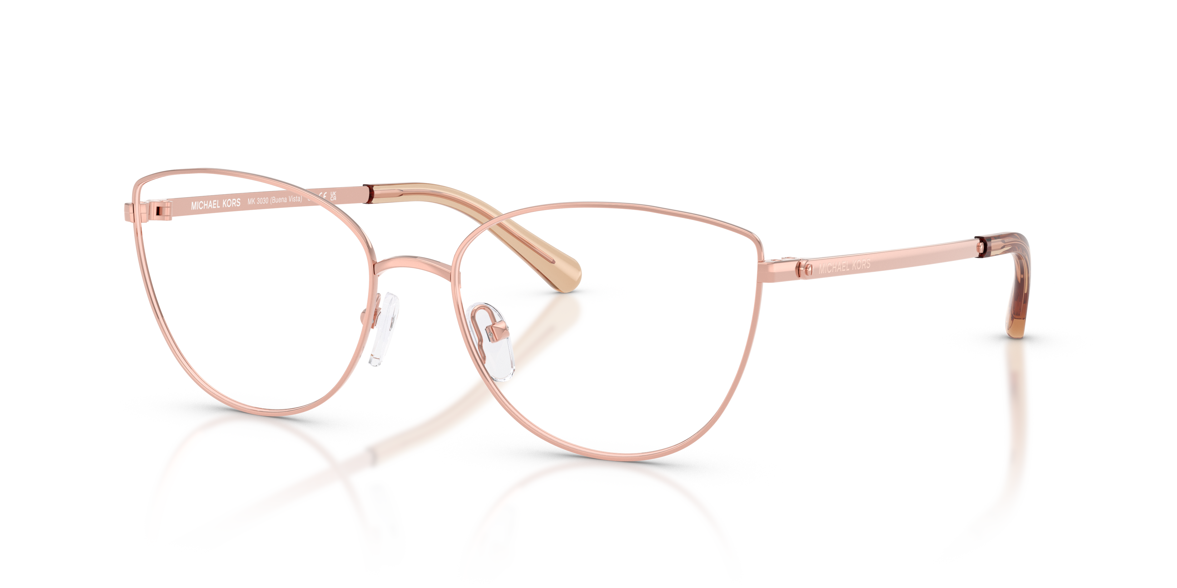 Occhiali da sole Michael Kors donna modello Buena Vista 0MK3030 Oro Rosa con lenti sfumate, posizionati su una superficie chi