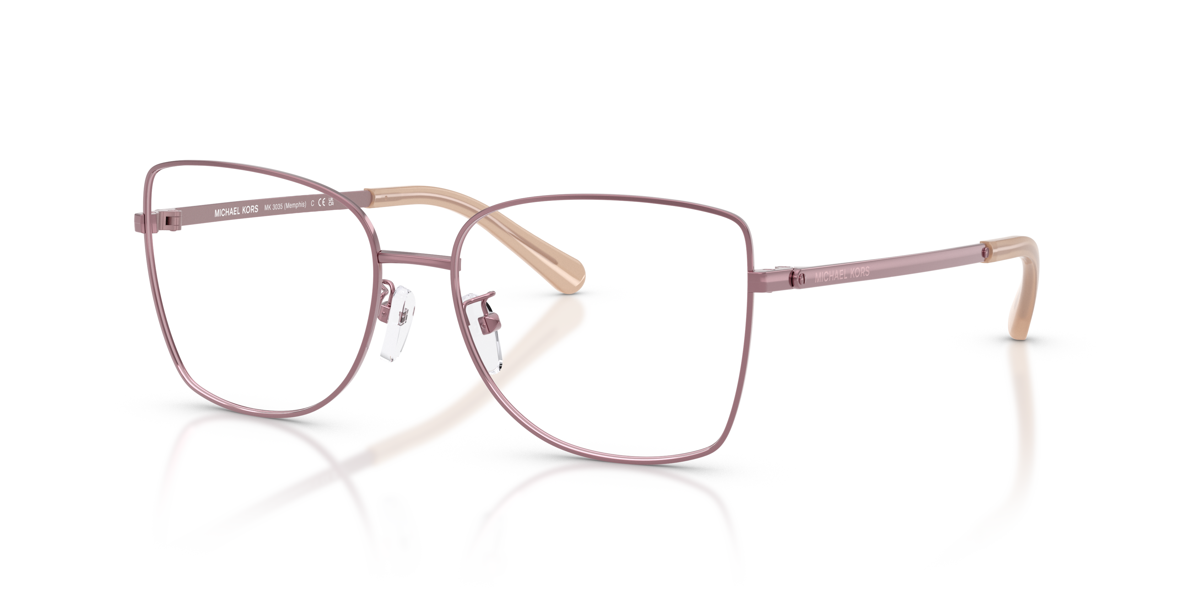 Primo piano di occhiali da sole Michael Kors Memphis Milky Lilac da donna su sfondo neutro, che mostra la montatura chiara e