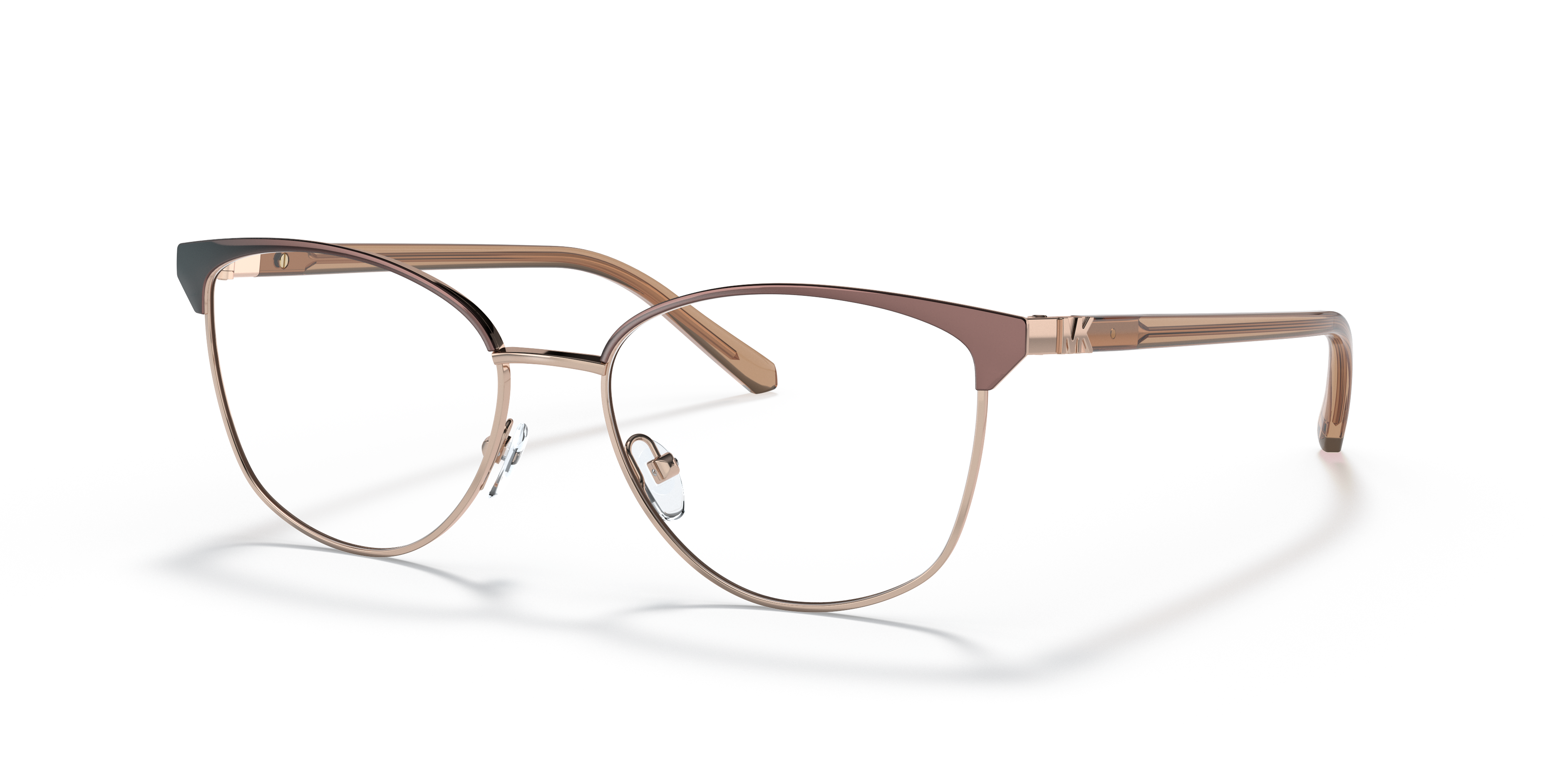Occhiali da sole Michael Kors Fernie 0MK3053 da donna in colorazione Satin Brown e Rose Gold, mostrati su sfondo bianco.