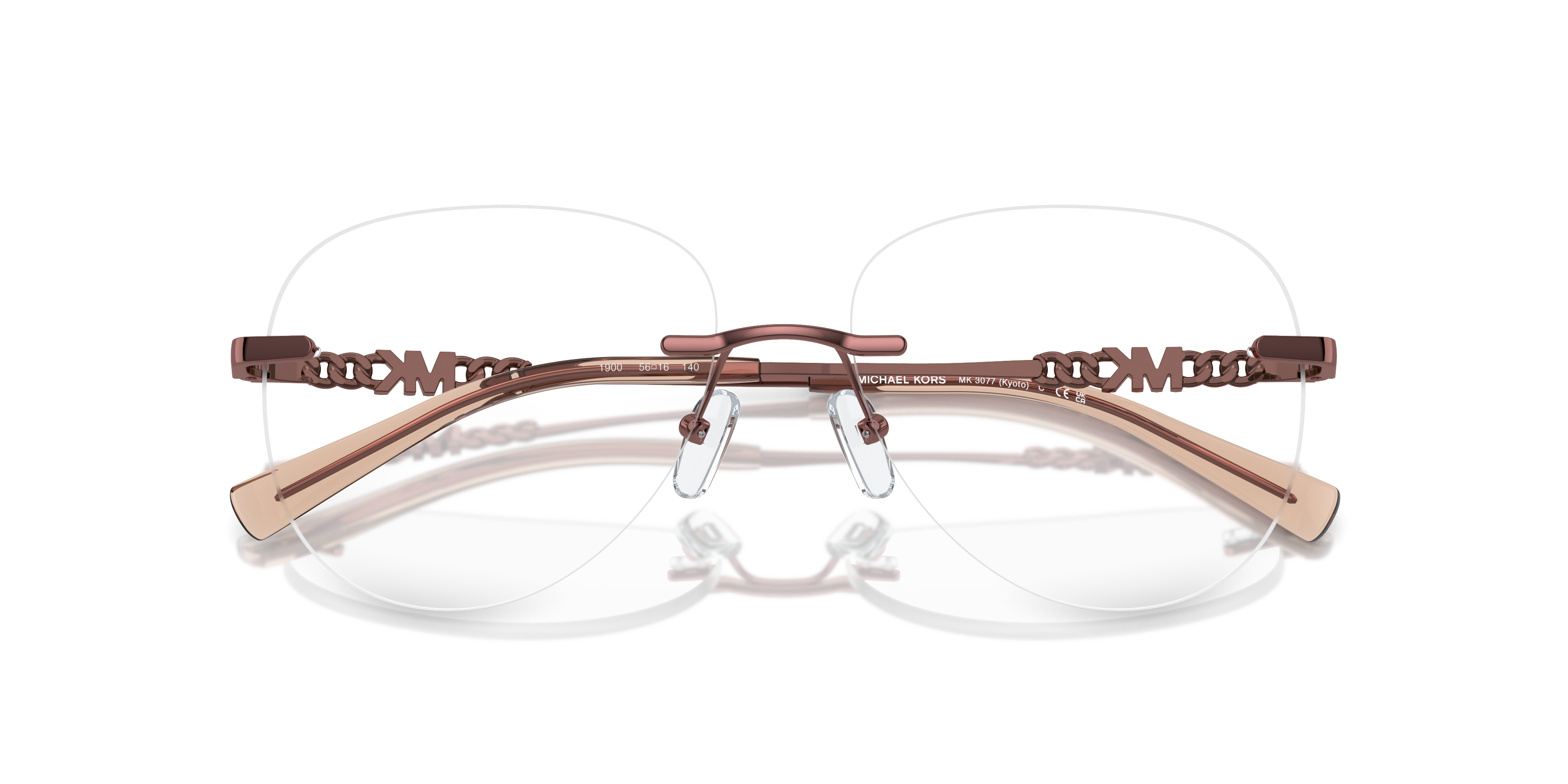 Occhiali da sole Michael Kors Kyoto 0MK3077 Shiny Rose Gold da donna, montati su un volto femminile sorridente, con sfondo sf