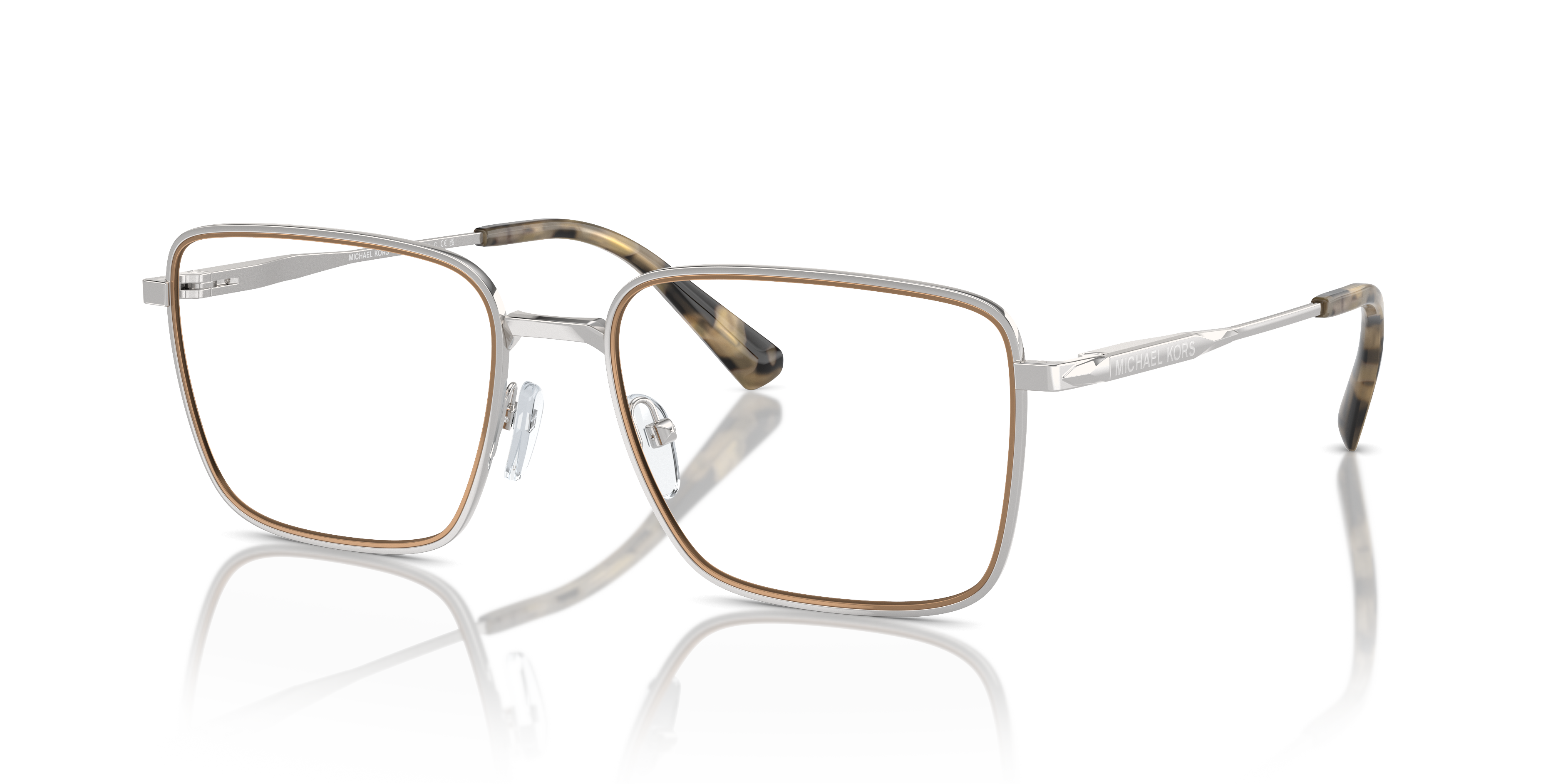 Occhiali da sole Michael Kors uomo modello Méribel 0MK3079 Shiny Silver su sfondo neutro, mostrati frontalmente