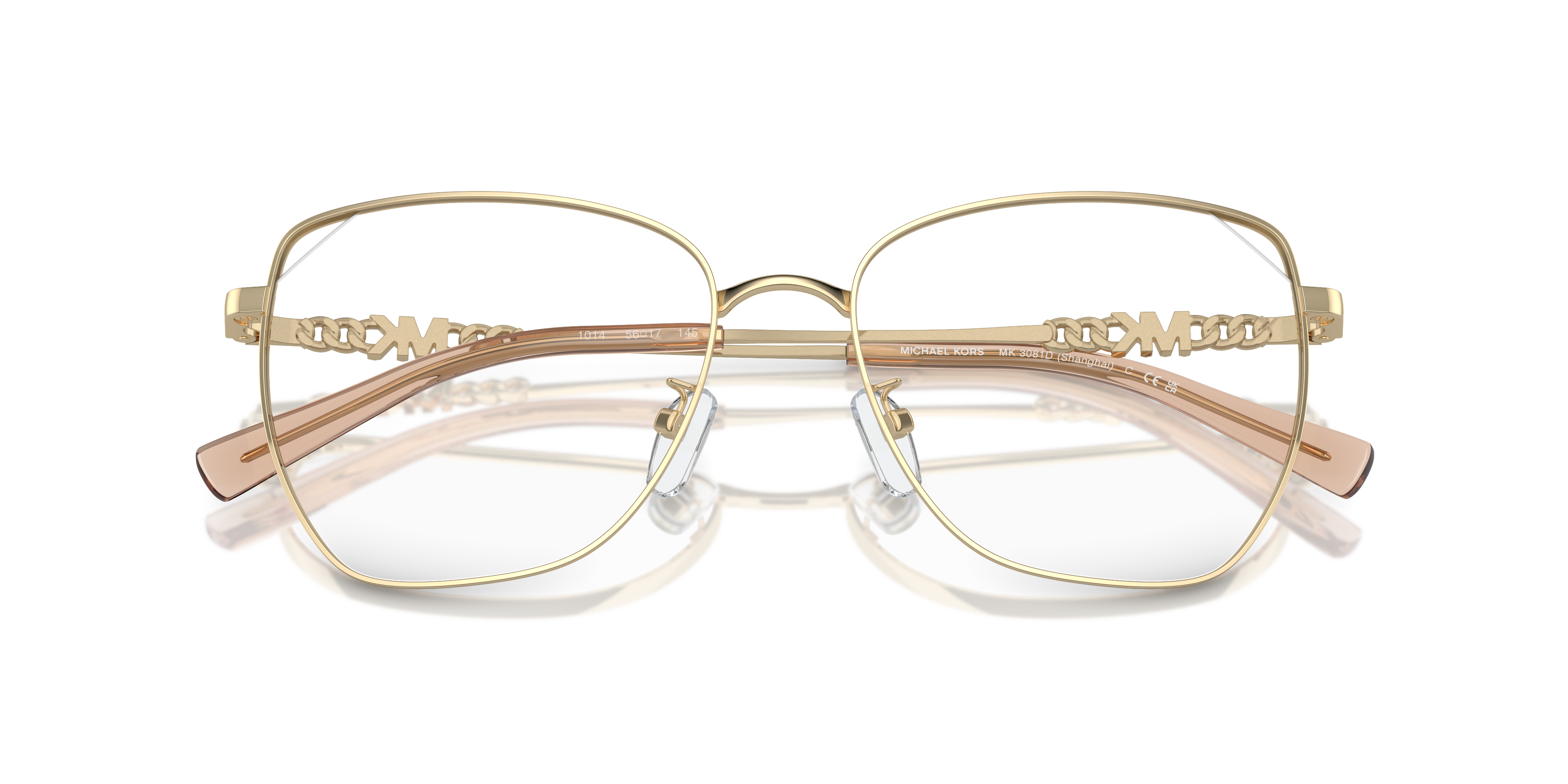 Occhiali da sole Michael Kors 0MK3081D Shanghai dorati da donna con lenti scure, mostrati frontalmente su sfondo chiaro.