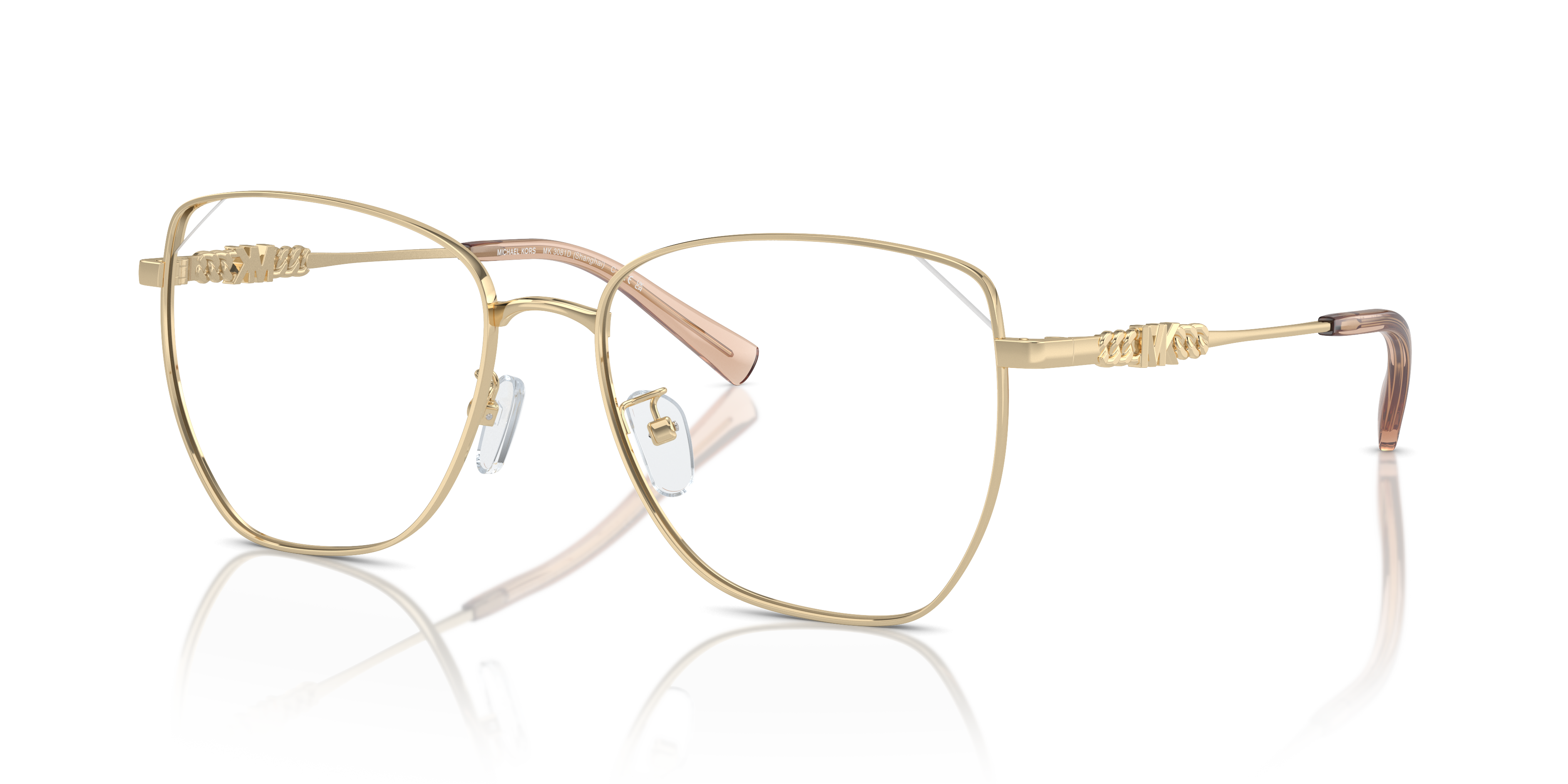 Occhiali da sole Michael Kors 0MK3081D Shanghai dorati da donna con lenti scure, mostrati frontalmente su sfondo chiaro.