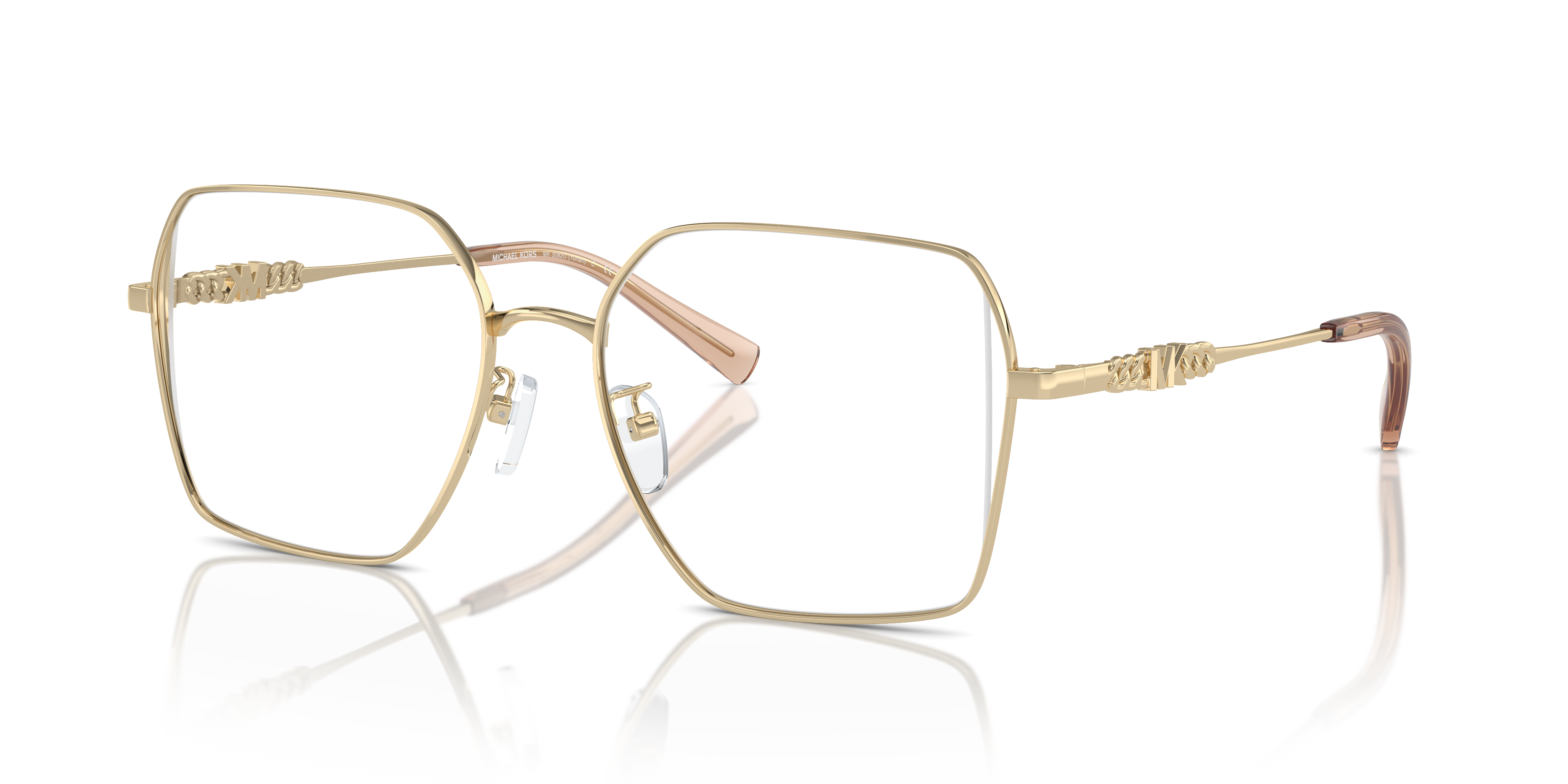 Occhiali da sole Michael Kors Yunan da donna in colore oro lucido, visti frontalmente su sfondo chiaro, che mostrano la monta