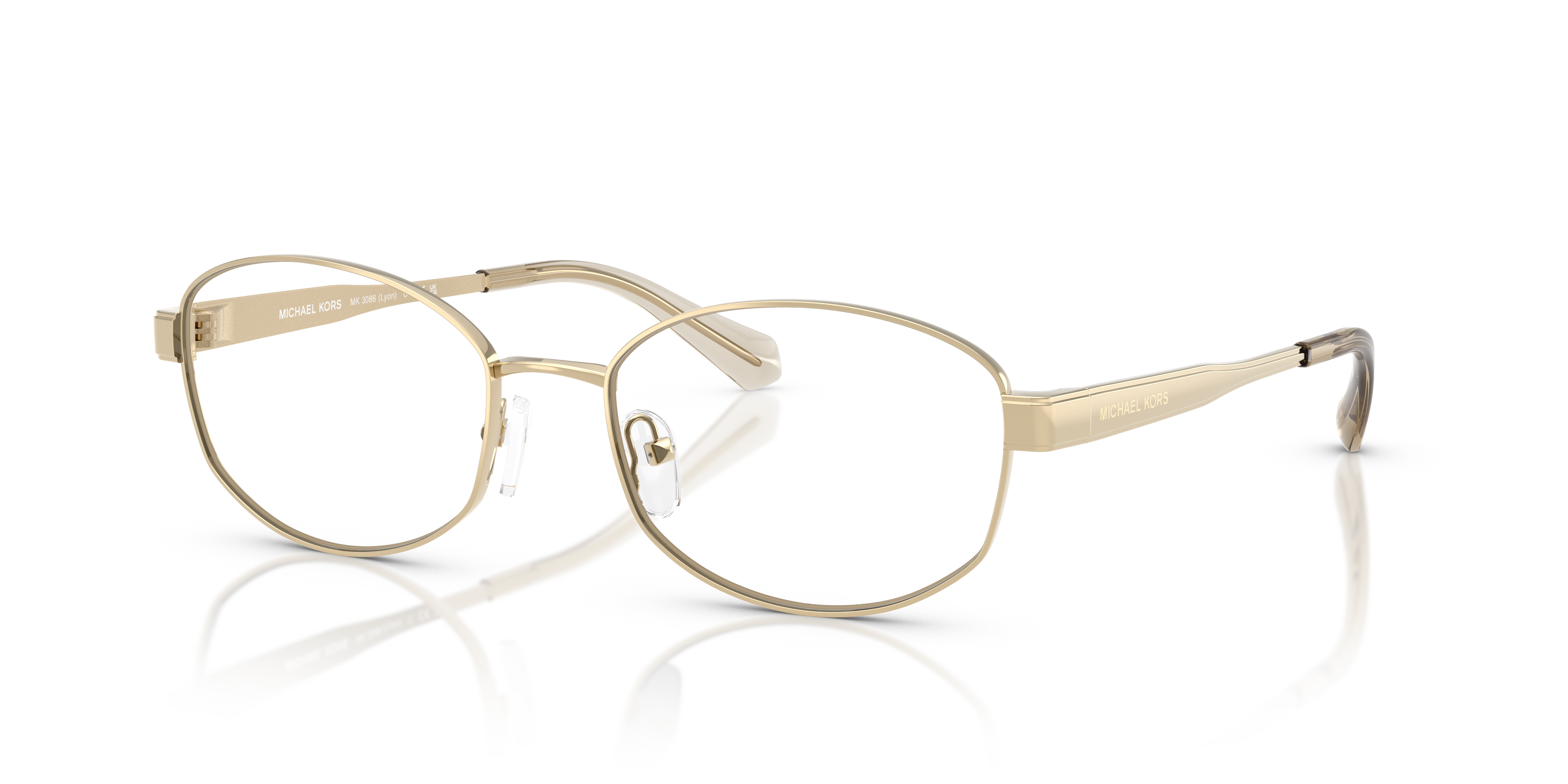 Occhiali da sole Michael Kors 0MK3086 LYON da donna colore Light Gold, con montatura in metallo dorato e lenti scure, mostrat