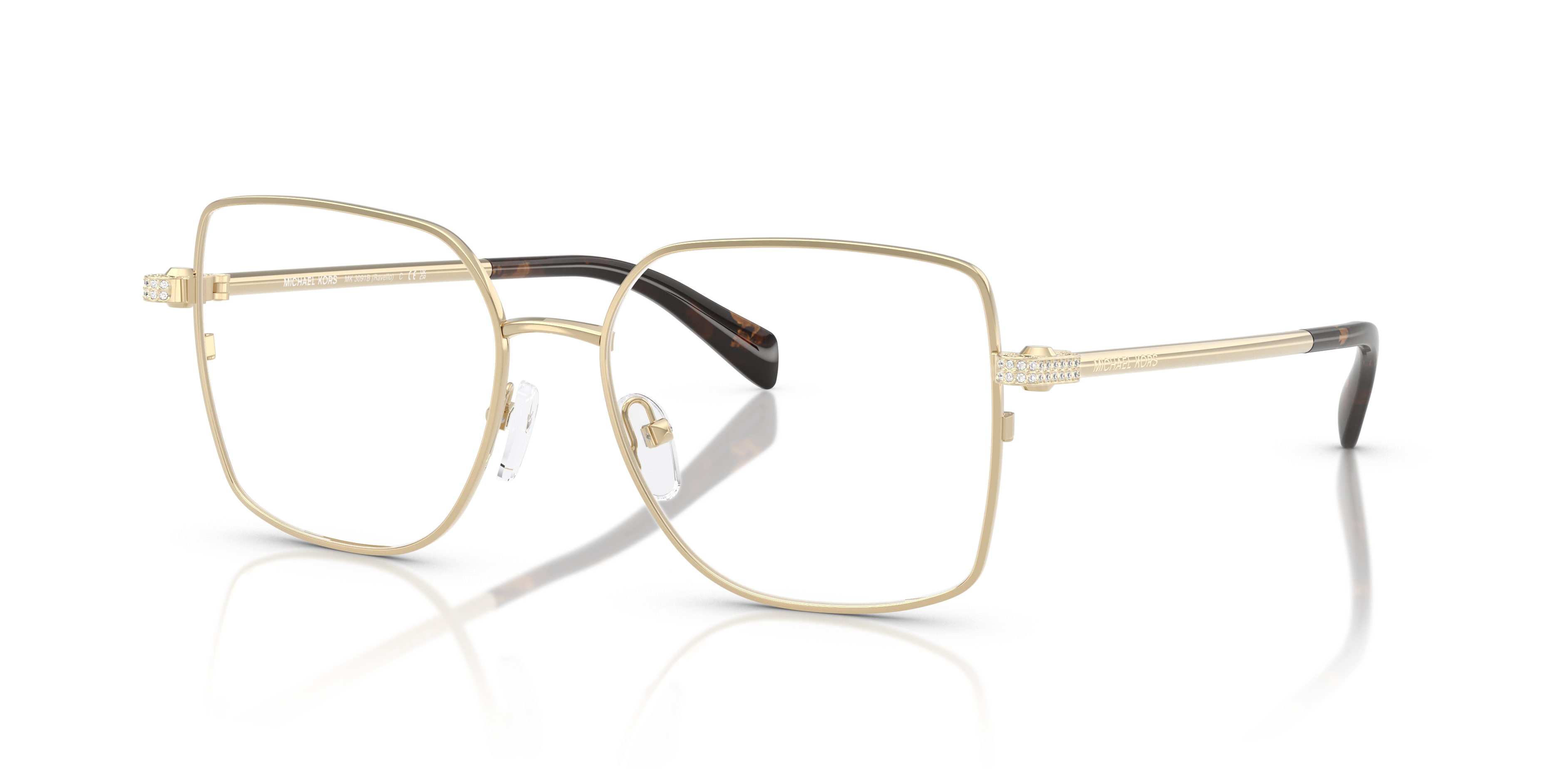 Occhiali da sole Michael Kors Ravello 0MK3091B donna, montatura oro lucido e lenti scure, posti su uno sfondo chiaro.