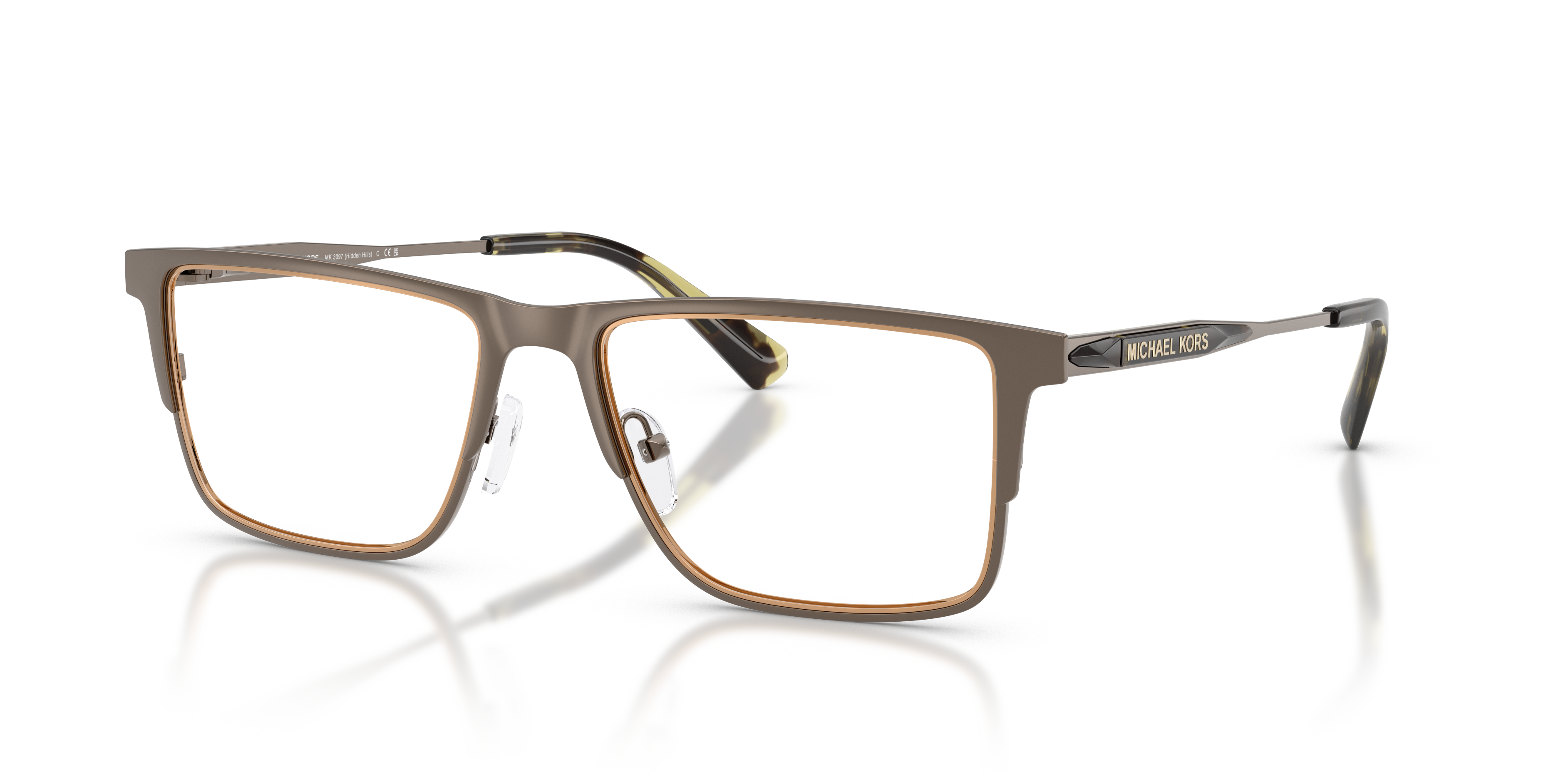 Occhiali da sole uomo Michael Kors 0MK3097 Hidden Hills con montatura squadrata color Matte Husk e lenti scure, mostrati fron