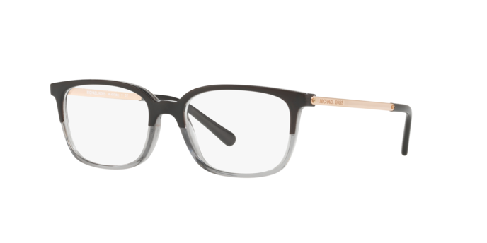 Occhiali da sole Michael Kors 0MK4047 Black/Transparent Grey da donna, visti di fronte, con montatura nera e aste trasparenti