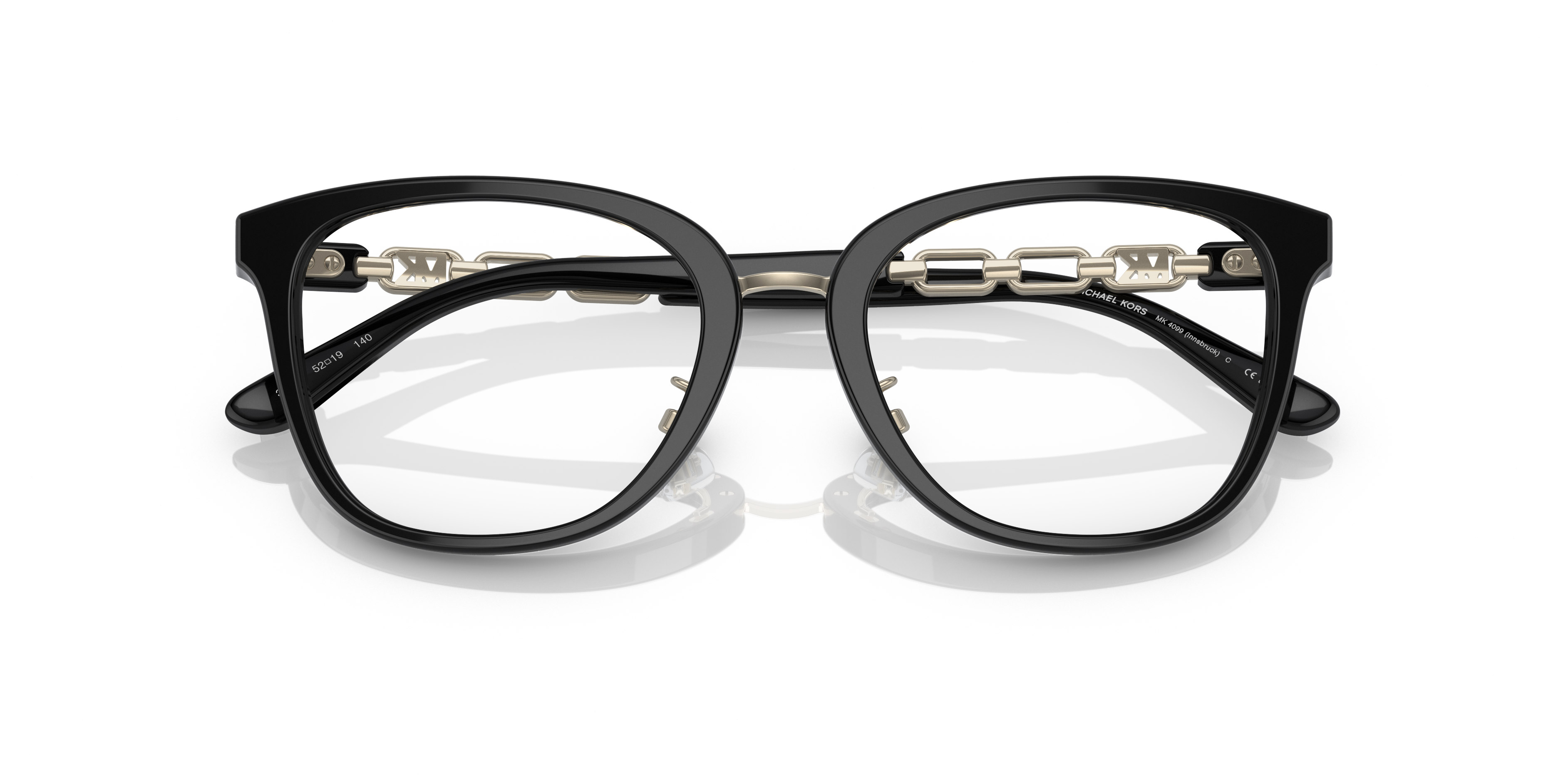 Occhiali da sole Michael Kors 0MK4099 Innsbruck neri da donna, visti frontalmente su sfondo chiaro, che mostrano la forma a o