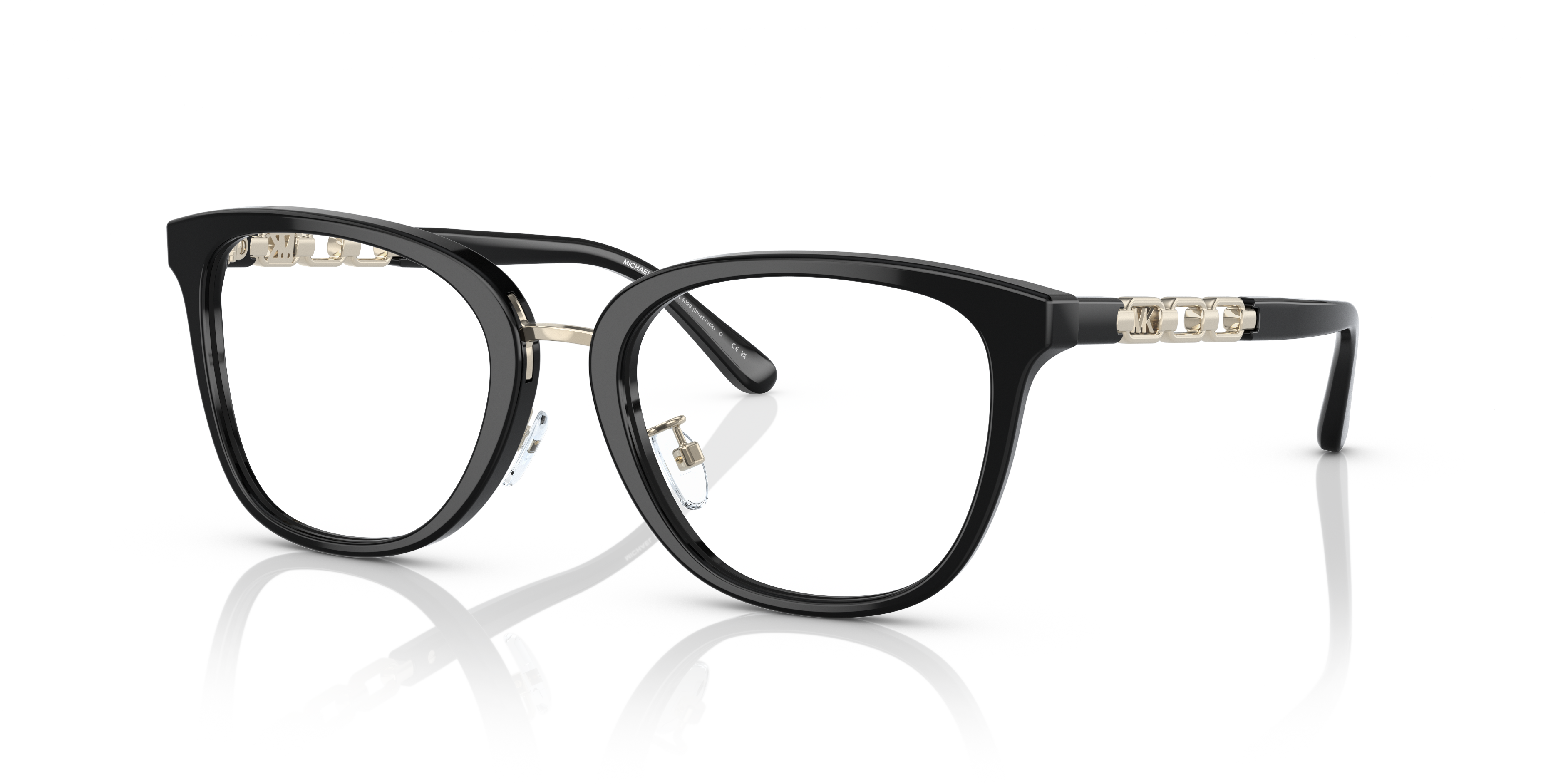 Occhiali da sole Michael Kors 0MK4099 Innsbruck neri da donna, visti frontalmente su sfondo chiaro, che mostrano la forma a o