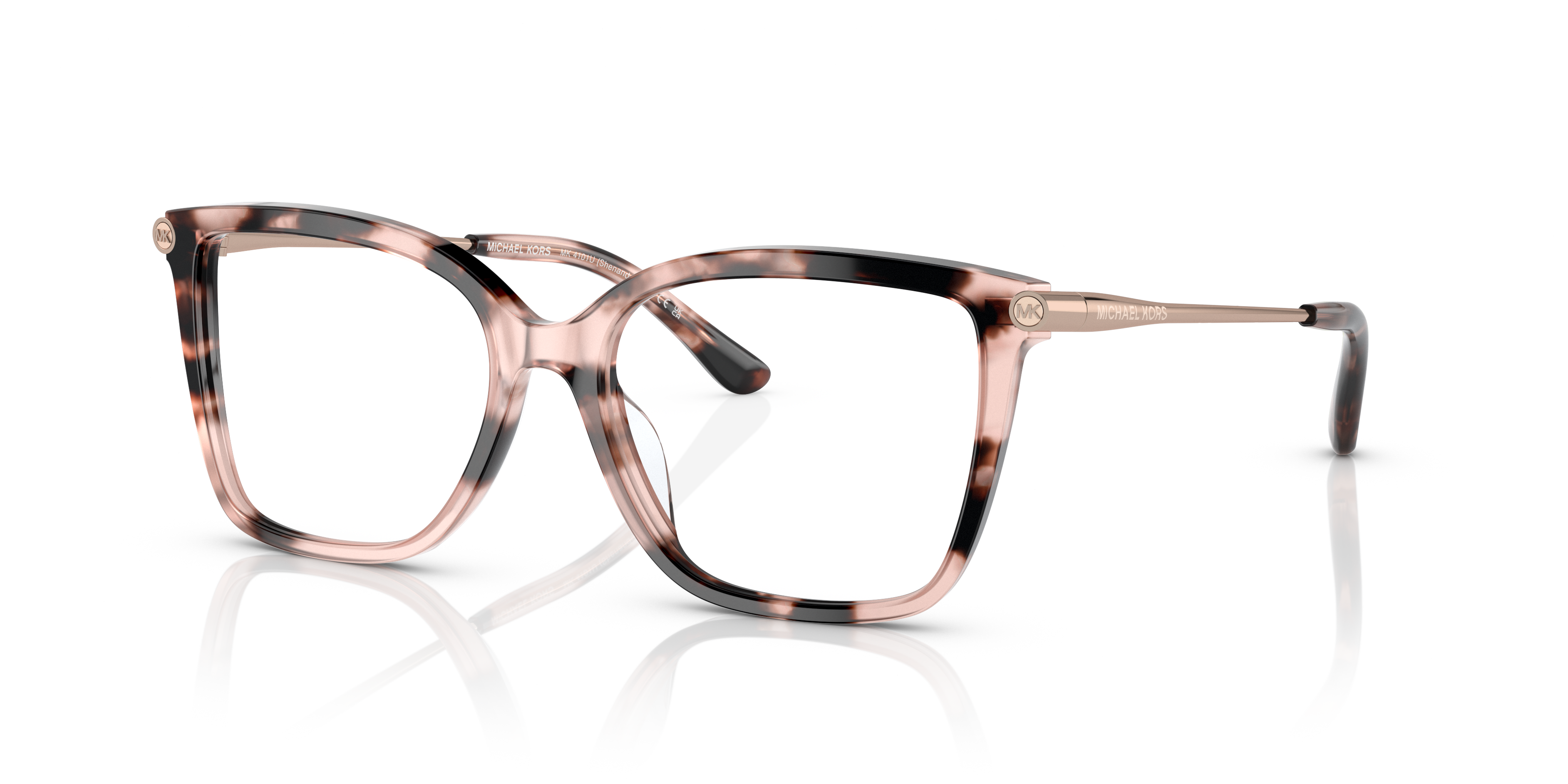 Occhiali da sole Michael Kors da donna modello Shenandoah 0MK4101U con montatura rosa tartarugata e lenti scure sfumate, posi