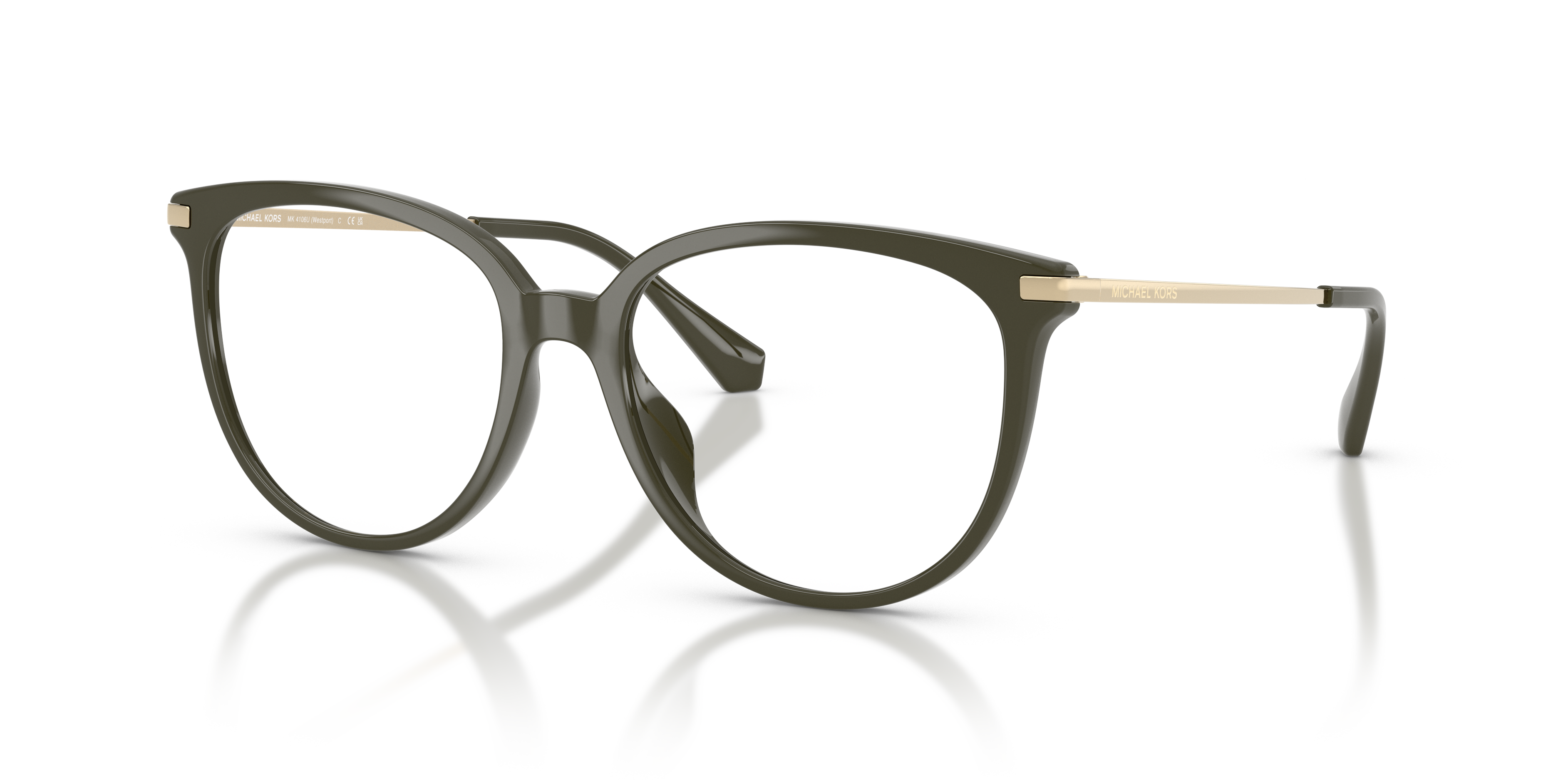 Occhiali da sole Michael Kors 0MK4106U Westport Olive da donna, montatura verde oliva e lenti scure, mostrati di fronte.