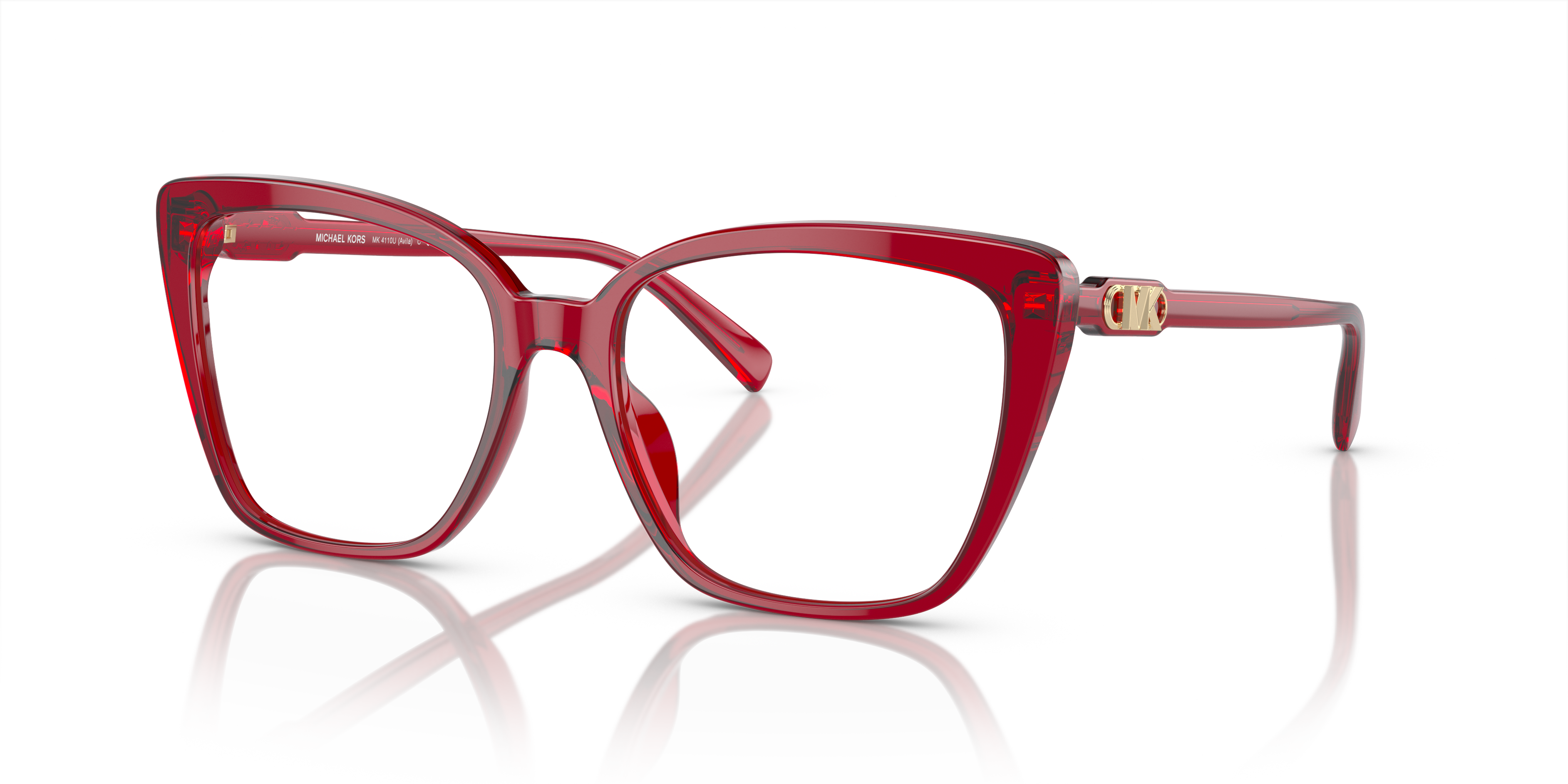 Occhiali da sole Michael Kors Avila 0MK4110U da donna di colore rosso, con lenti scure, mostrati frontalmente su sfondo neutr