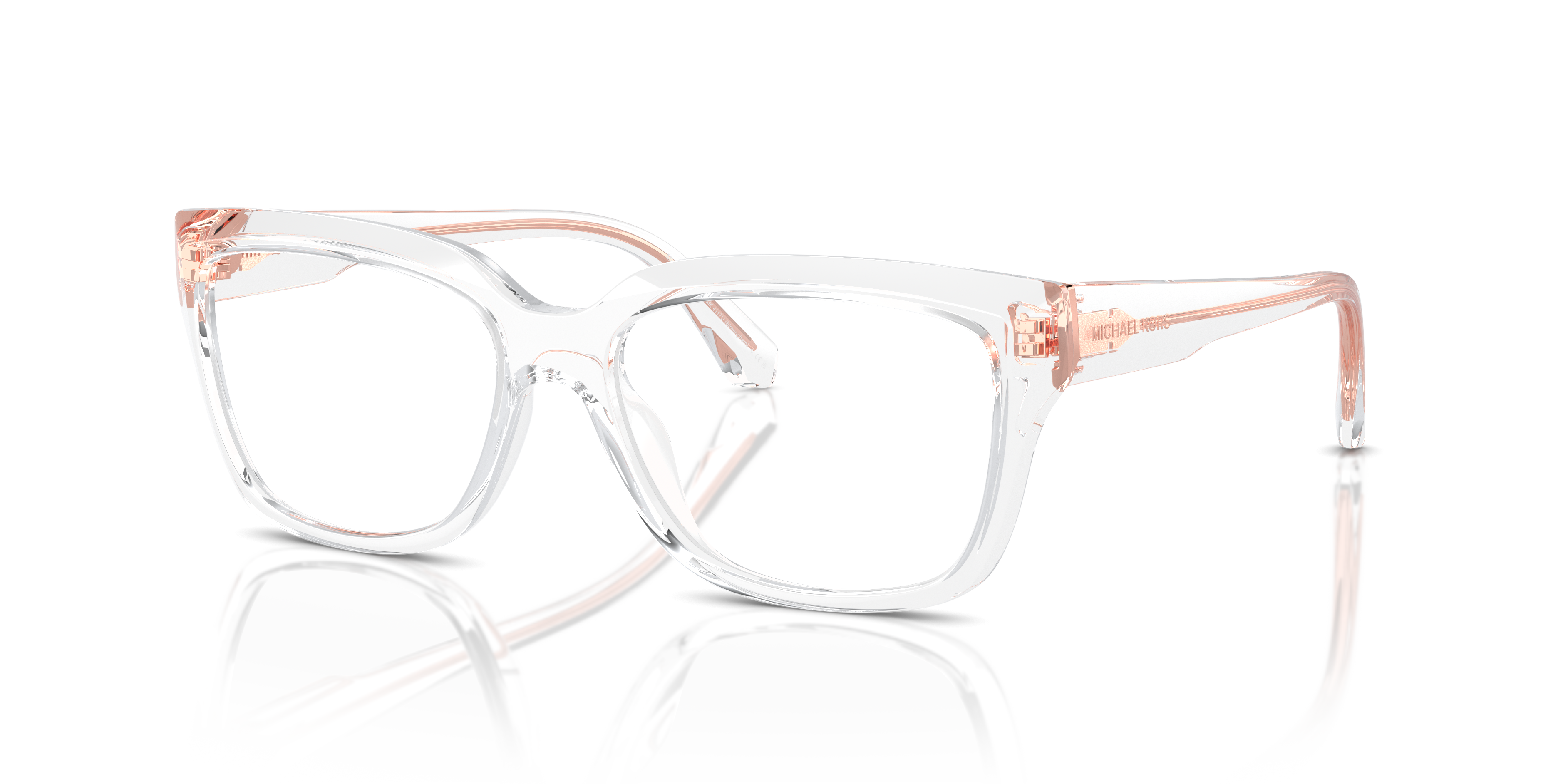 Occhiali da sole Michael Kors Birmingham 0MK4117U da donna con montatura trasparente e lenti scure, posti su uno sfondo chiar
