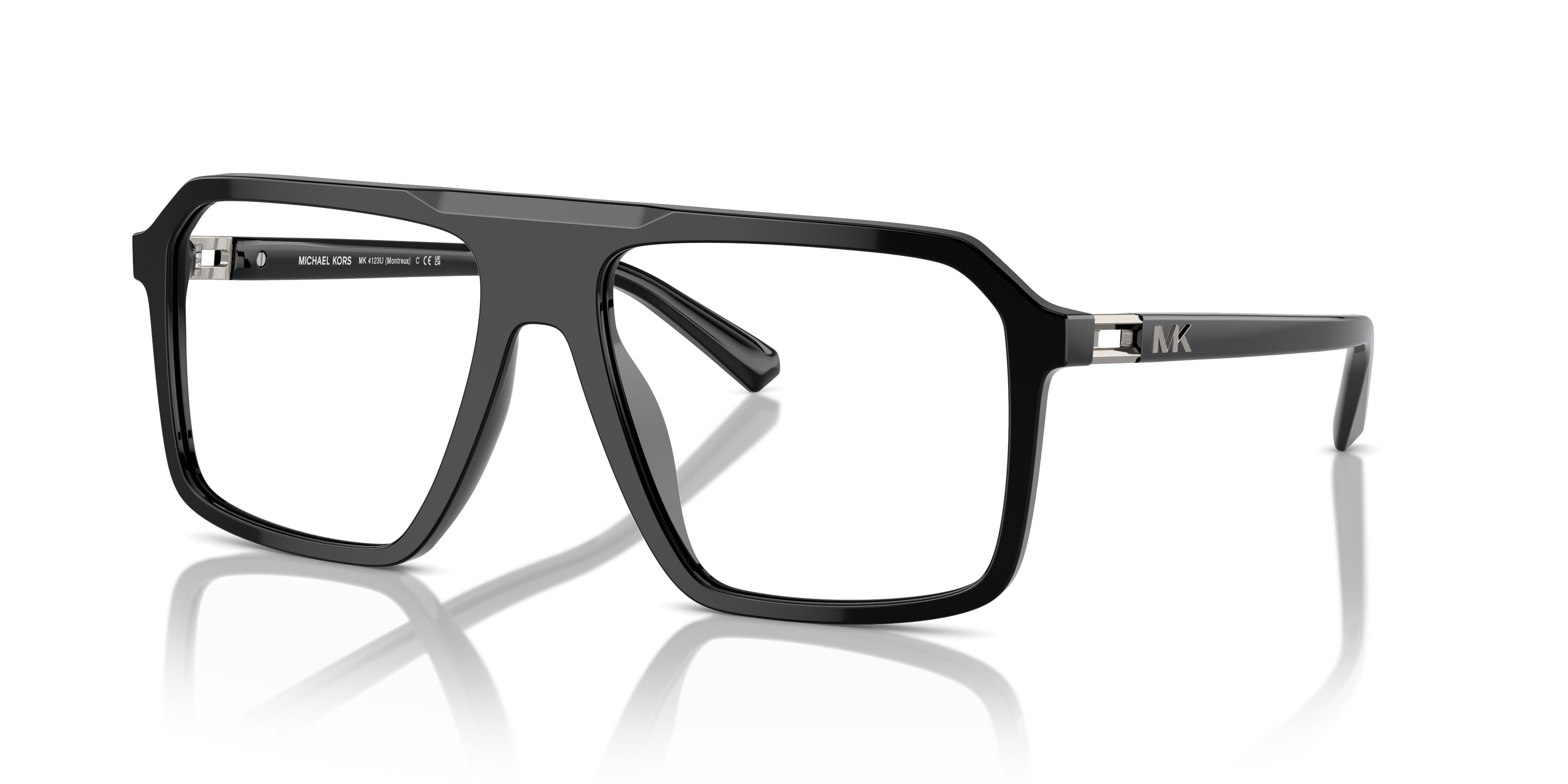 Occhiali da sole Michael Kors Montreux 0MK4123U neri da uomo, con montatura in acetato e lenti scure, mostrati frontalmente.