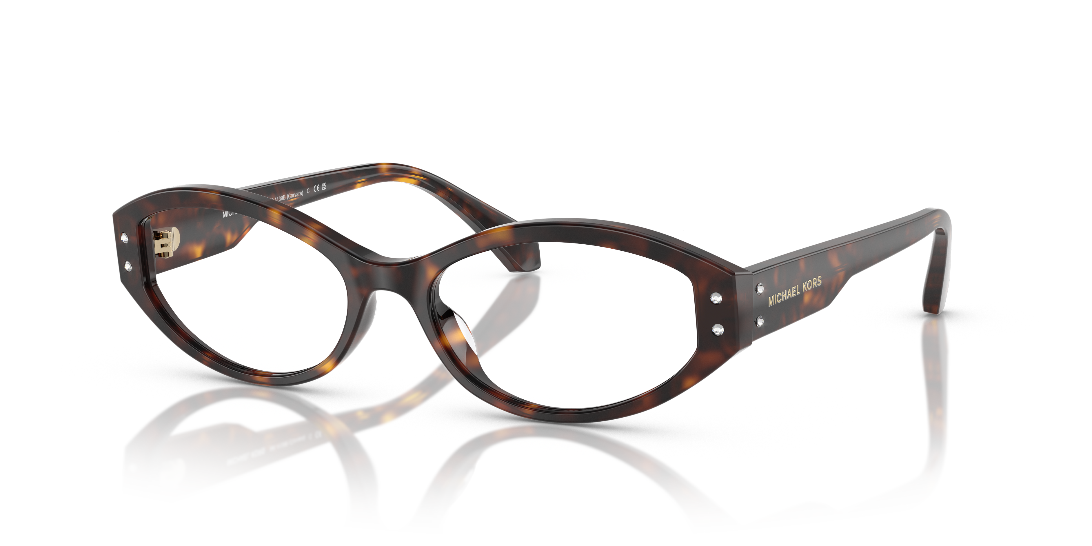 Occhiali da sole Michael Kors Corvara 0MK4139B Dark Tortoise da donna, in primo piano su sfondo chiaro, mostrando la montatur