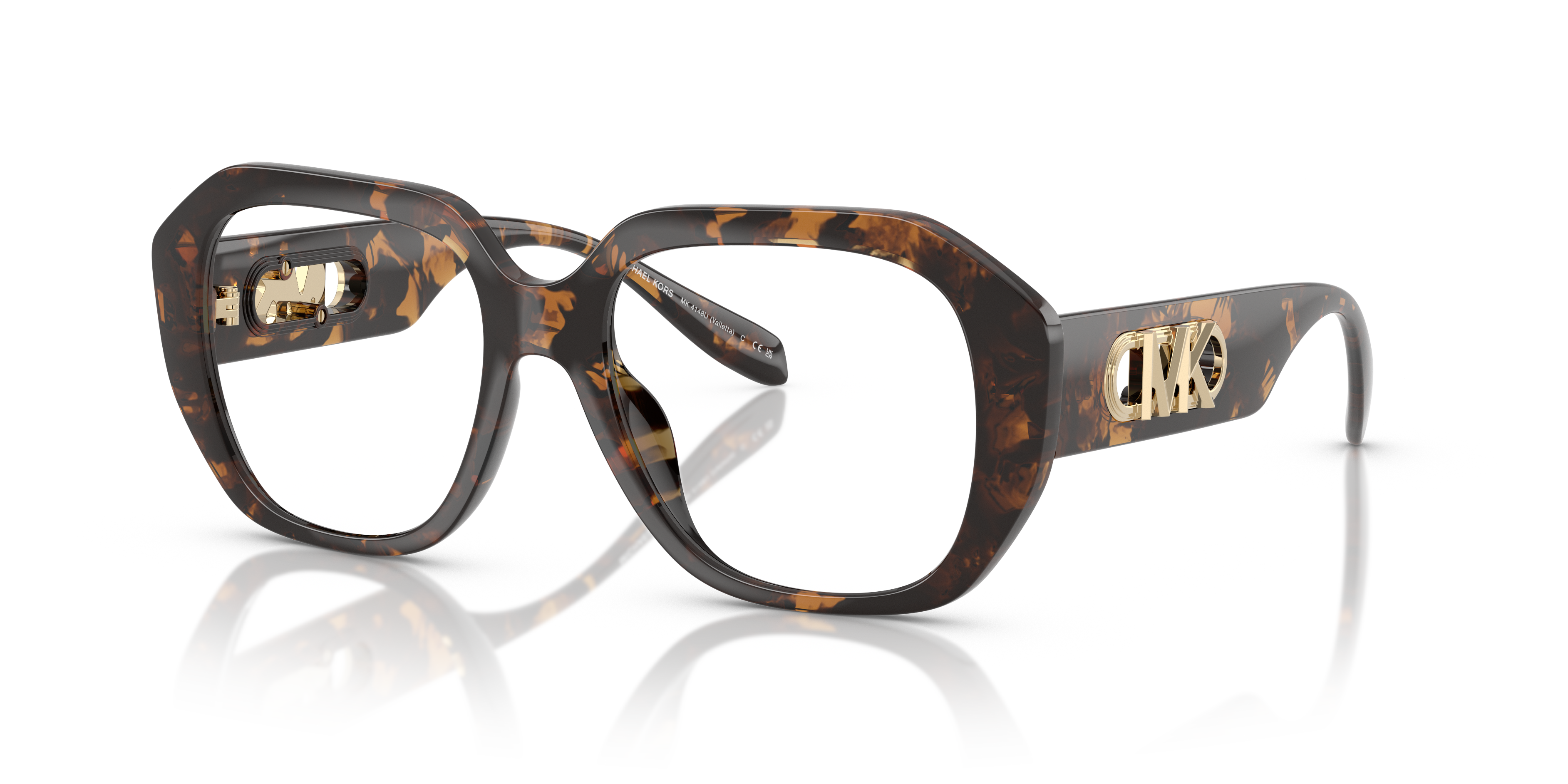 Donna con occhiali da sole Michael Kors Valletta 0MK4148U in colore Dark Tortoise, mostrati frontalmente con montatura tartar