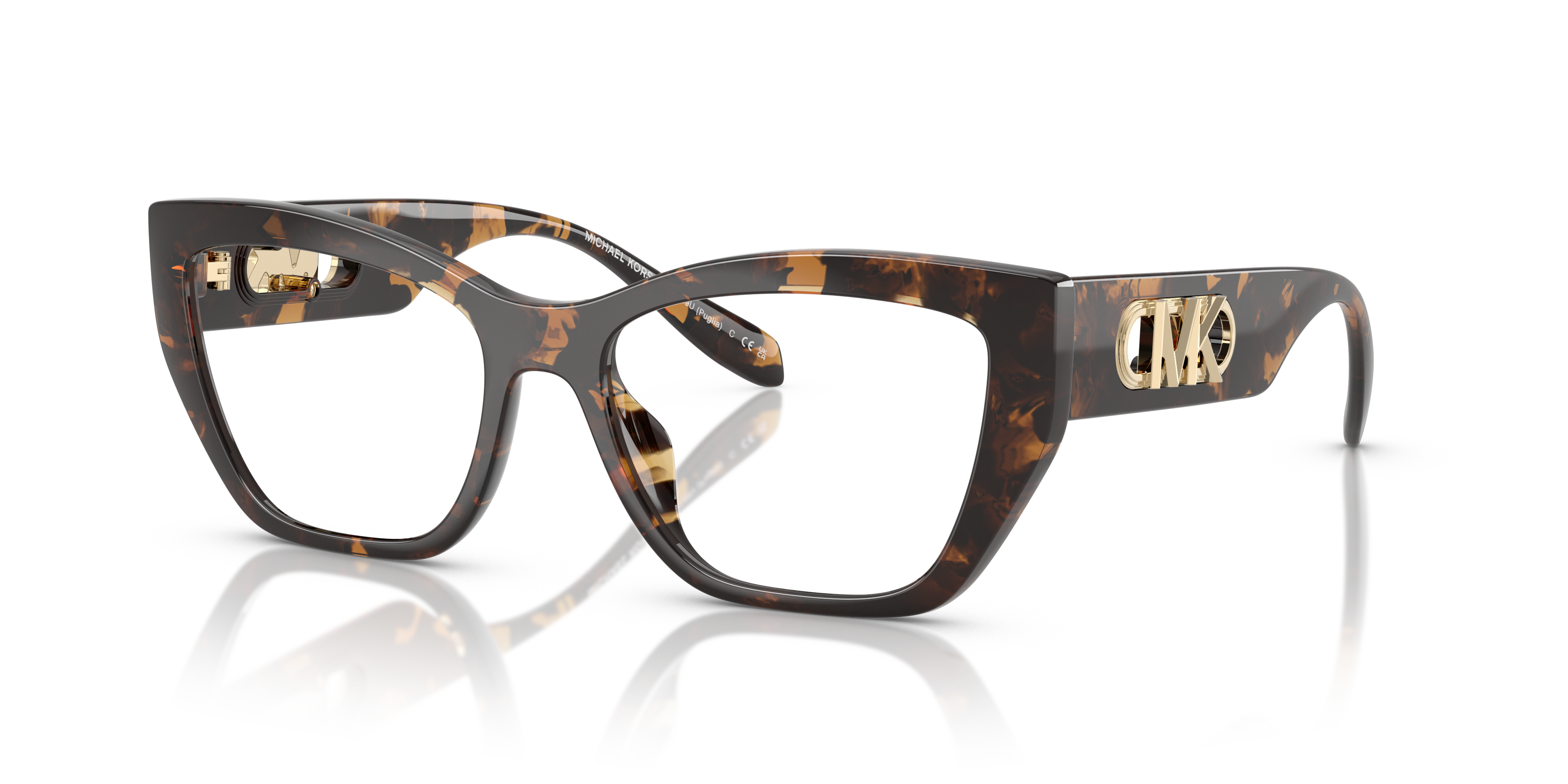 Occhiali da sole Michael Kors 0MK4149U PUGLIA in colore Dark Tortoise, con montatura squadrata elegante, appoggiati su una su