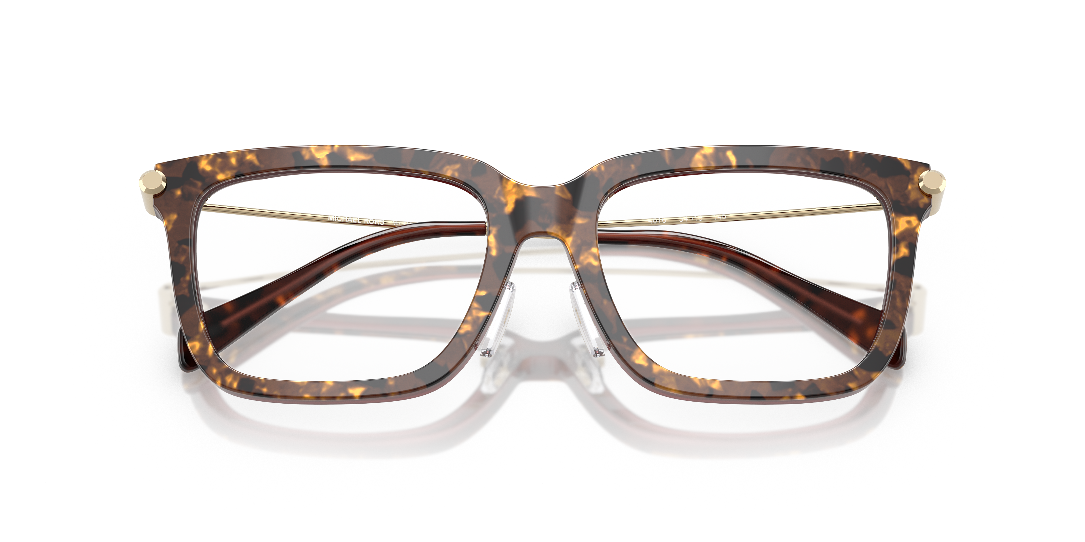 Occhiali da sole Michael Kors Guilin da donna in acetato rosa tartarugato con lenti scure, mostrati frontalmente su sfondo ch