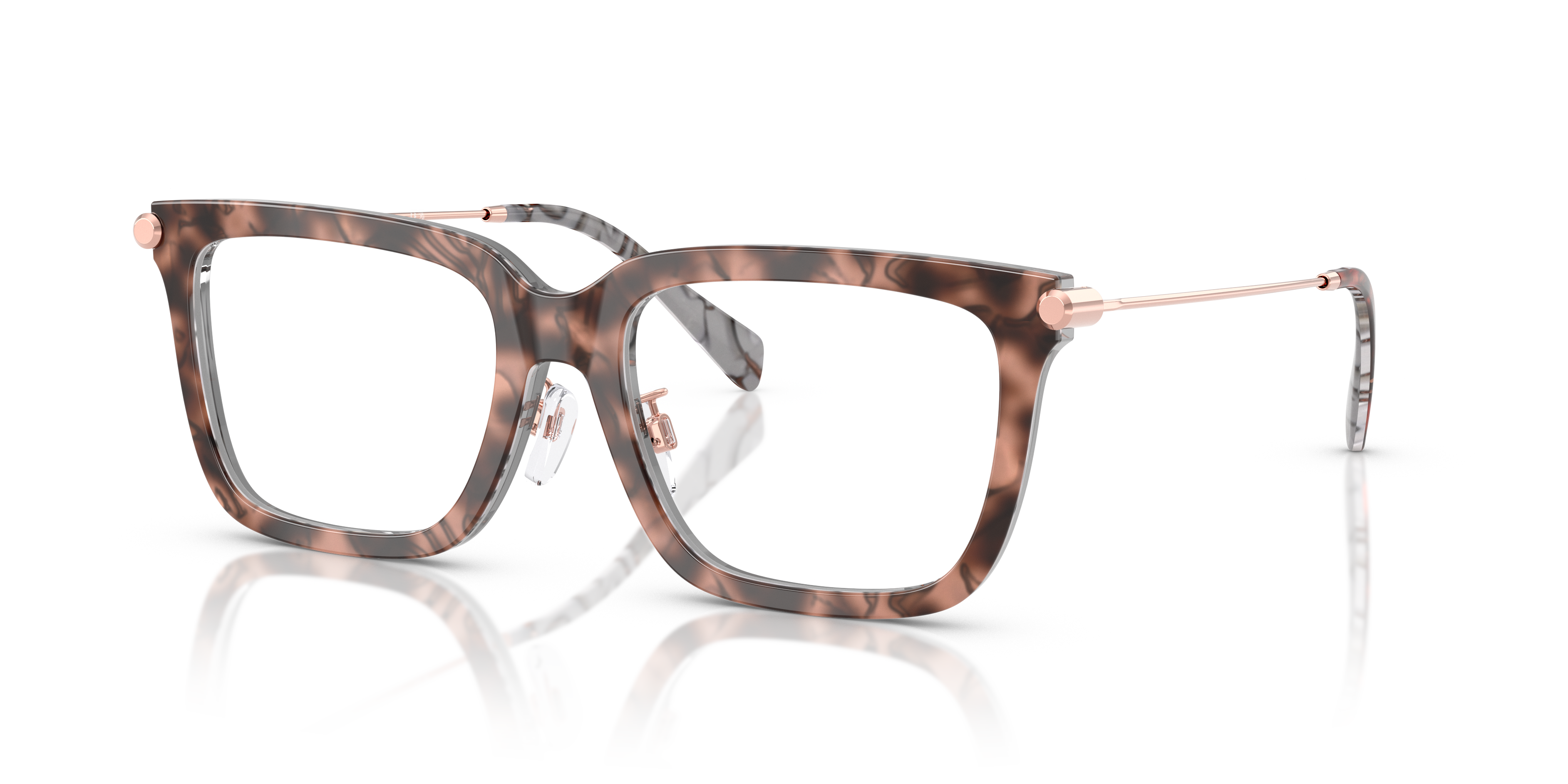 Occhiali da sole Michael Kors Guilin da donna in acetato rosa tartarugato con lenti scure, mostrati frontalmente su sfondo ch