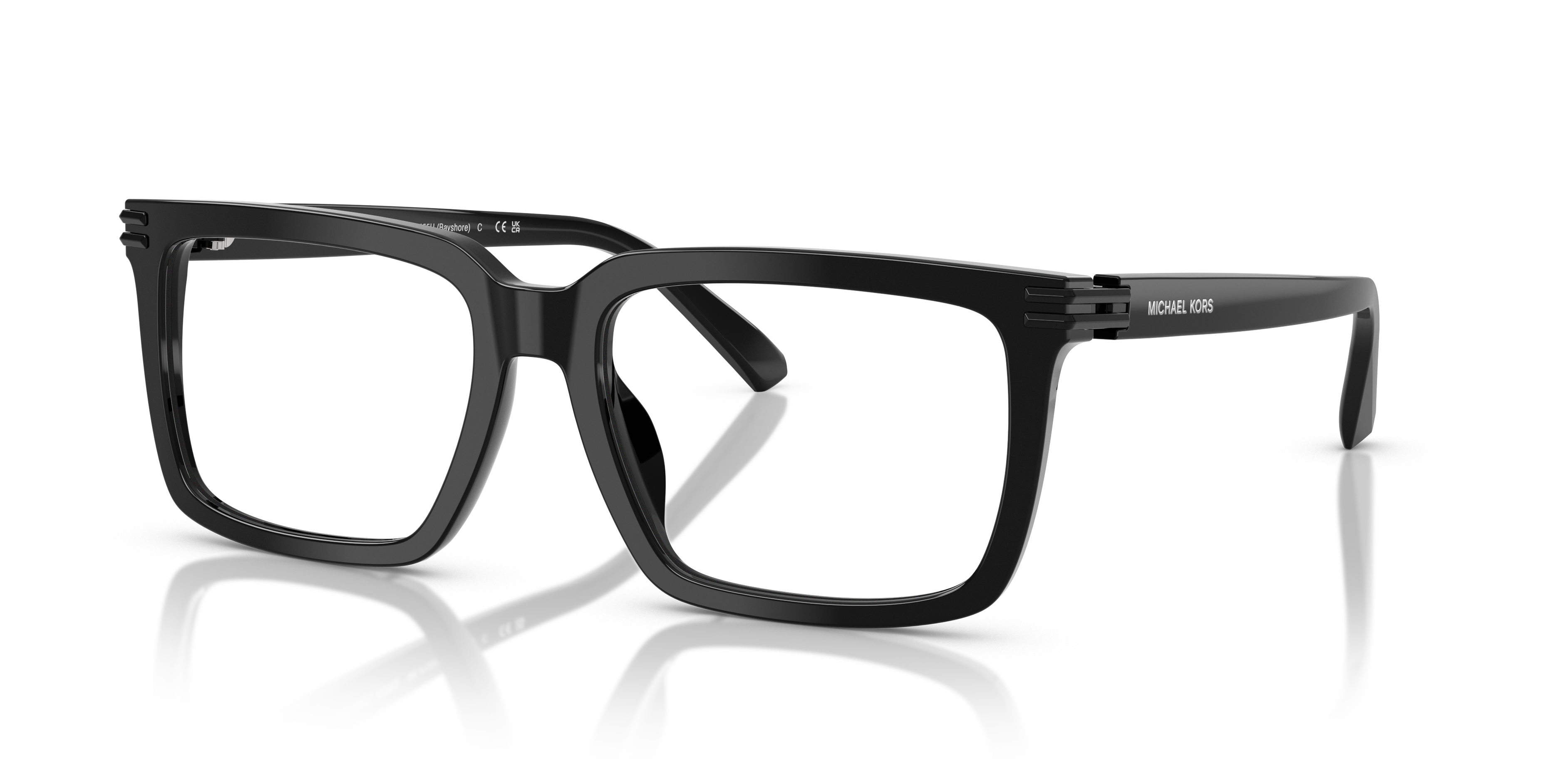 Occhiali da sole Michael Kors 0MK4155U Bayshore da uomo, neri, con montatura in acetato lucido e lenti scure, mostrati su sfo