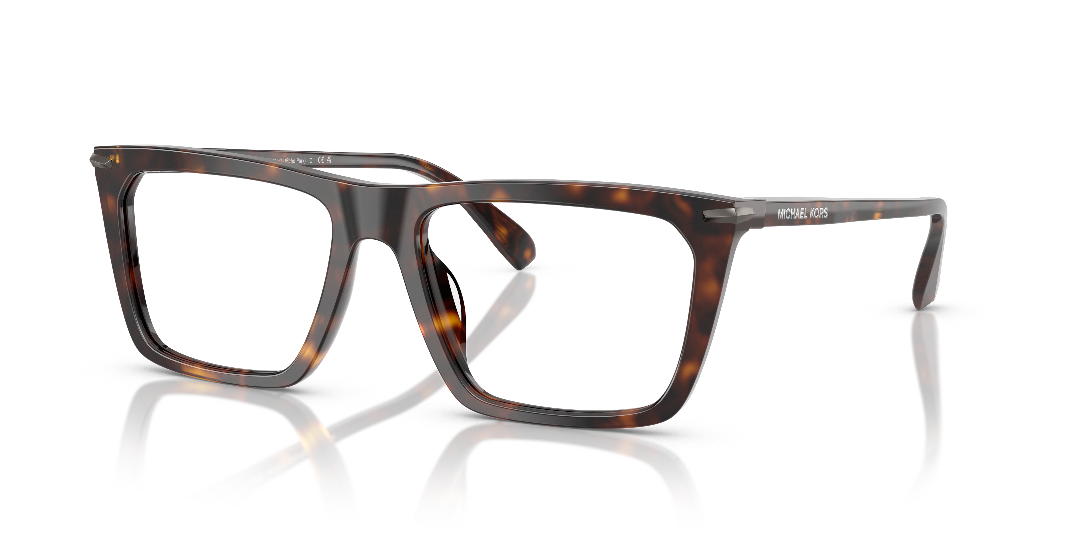 Occhiali da sole Michael Kors Echo Park 0MK4157U da uomo con montatura tartaruga scura su fondo neutro.