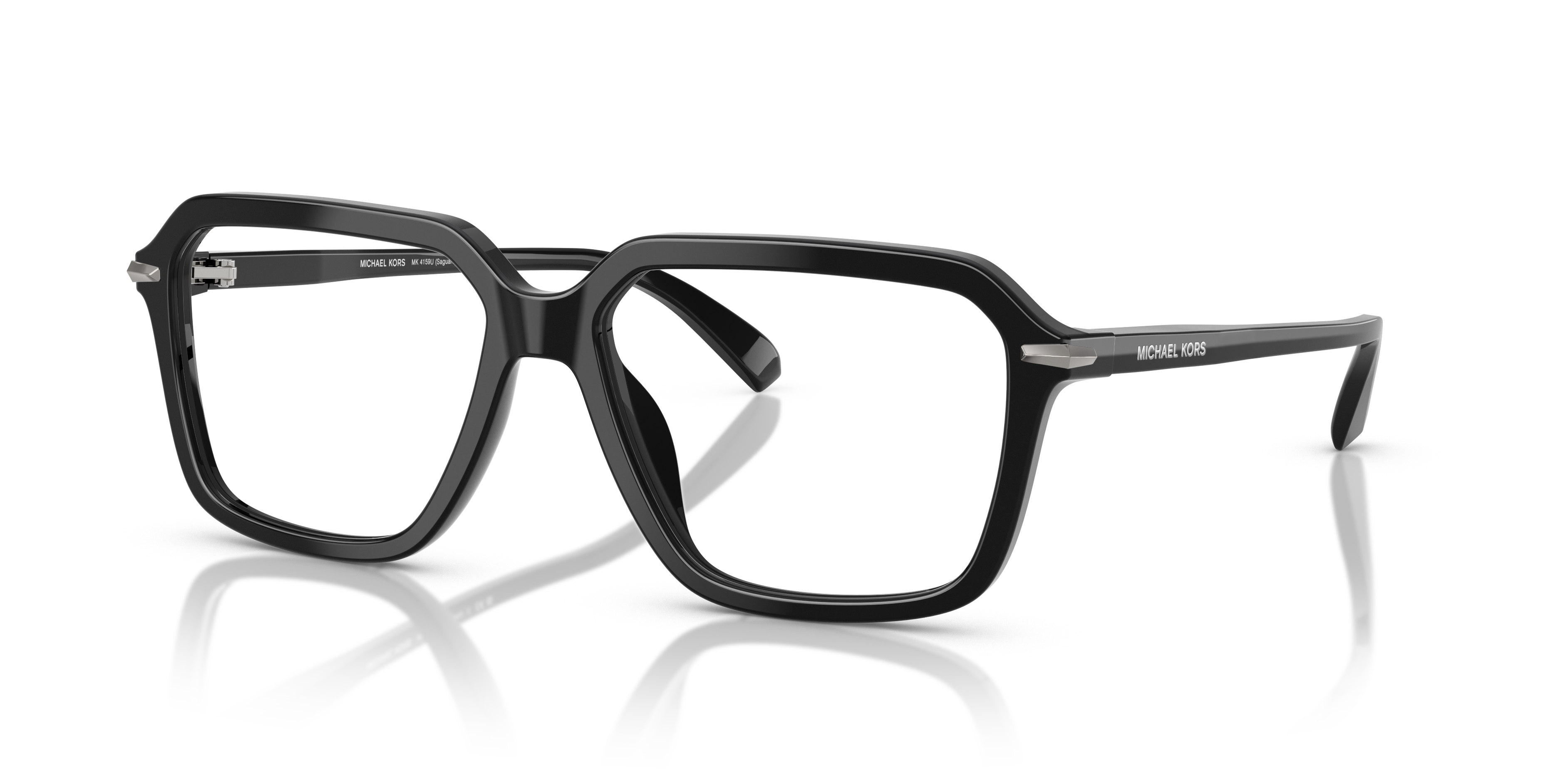 Occhiali da sole Michael Kors da uomo neri modello Saguaro MK4159U, mostrati su sfondo chiaro con la custodia.